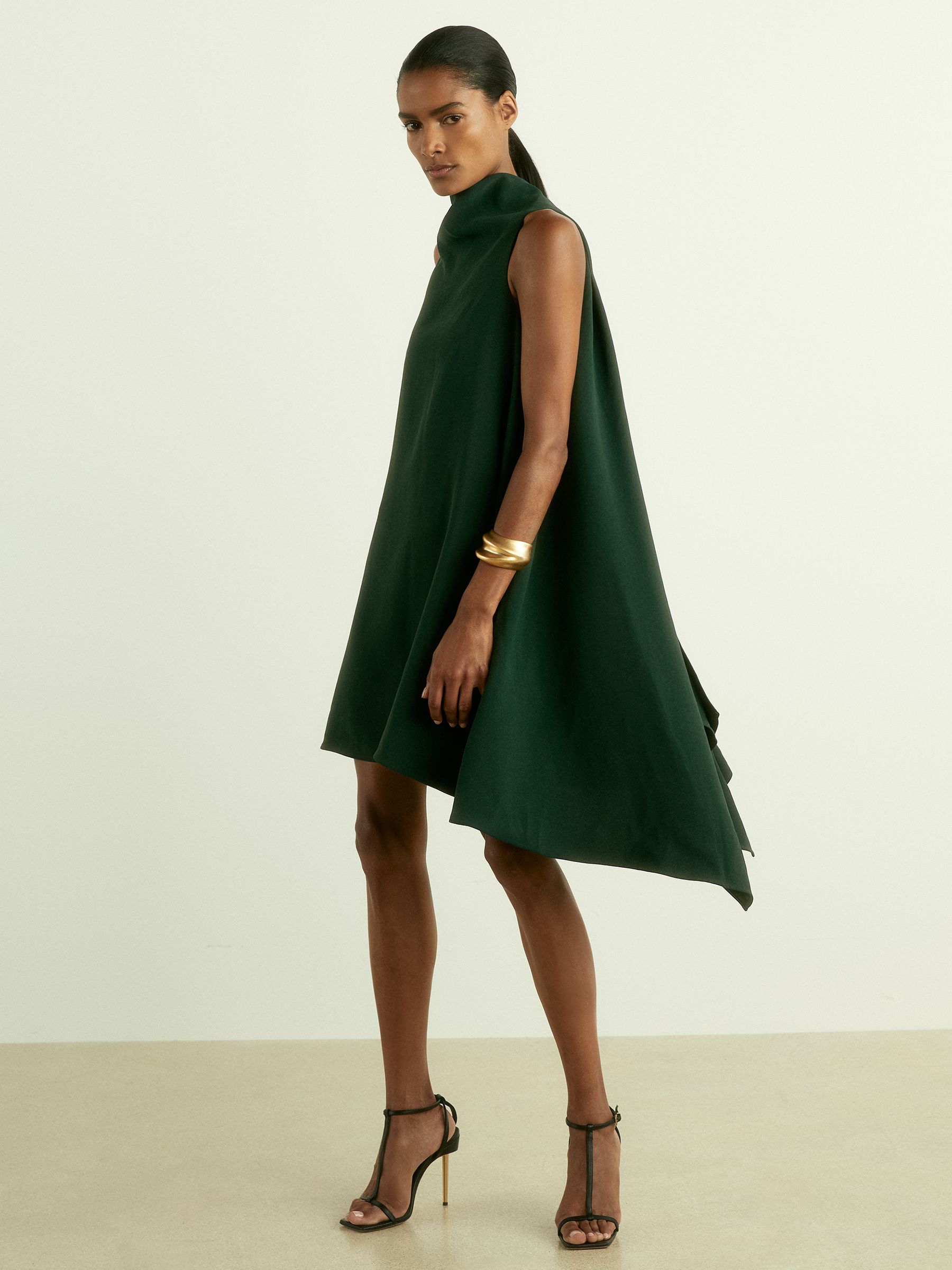 High-Neck Drape Back Mini Dress in Green