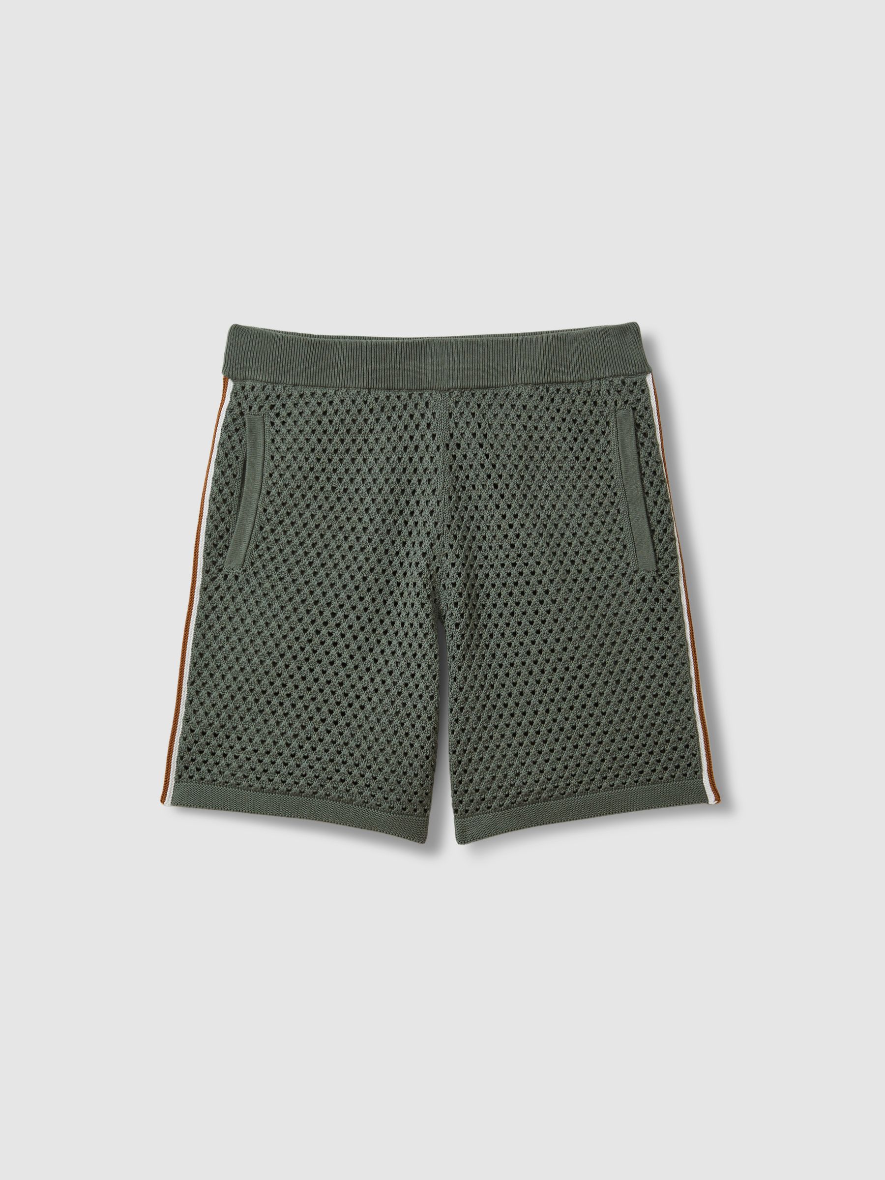 Cotton Blend Crochet Drawstring Shorts in Dark Sage Green