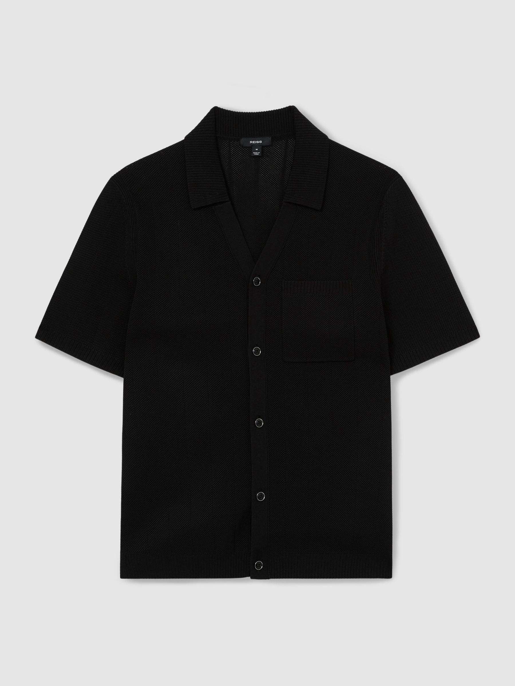 V-Neck Collar Textured-Knit Shirt in Black