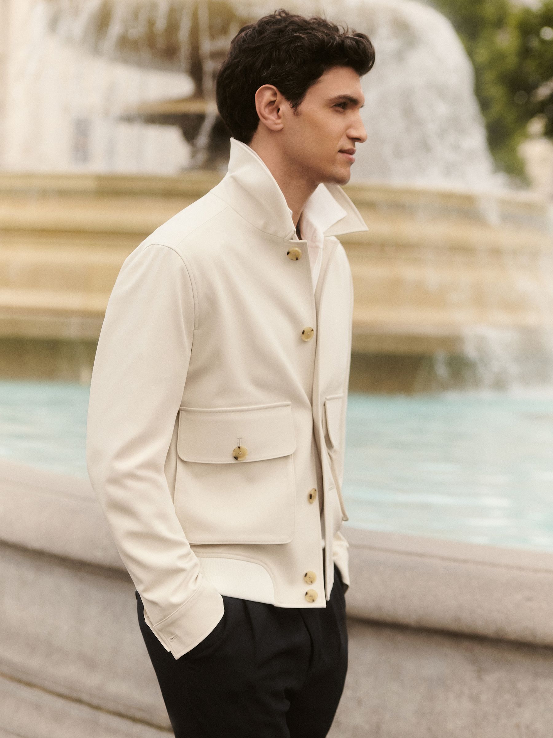 Cotton-Blend Button-Through Jacket in Light Stone