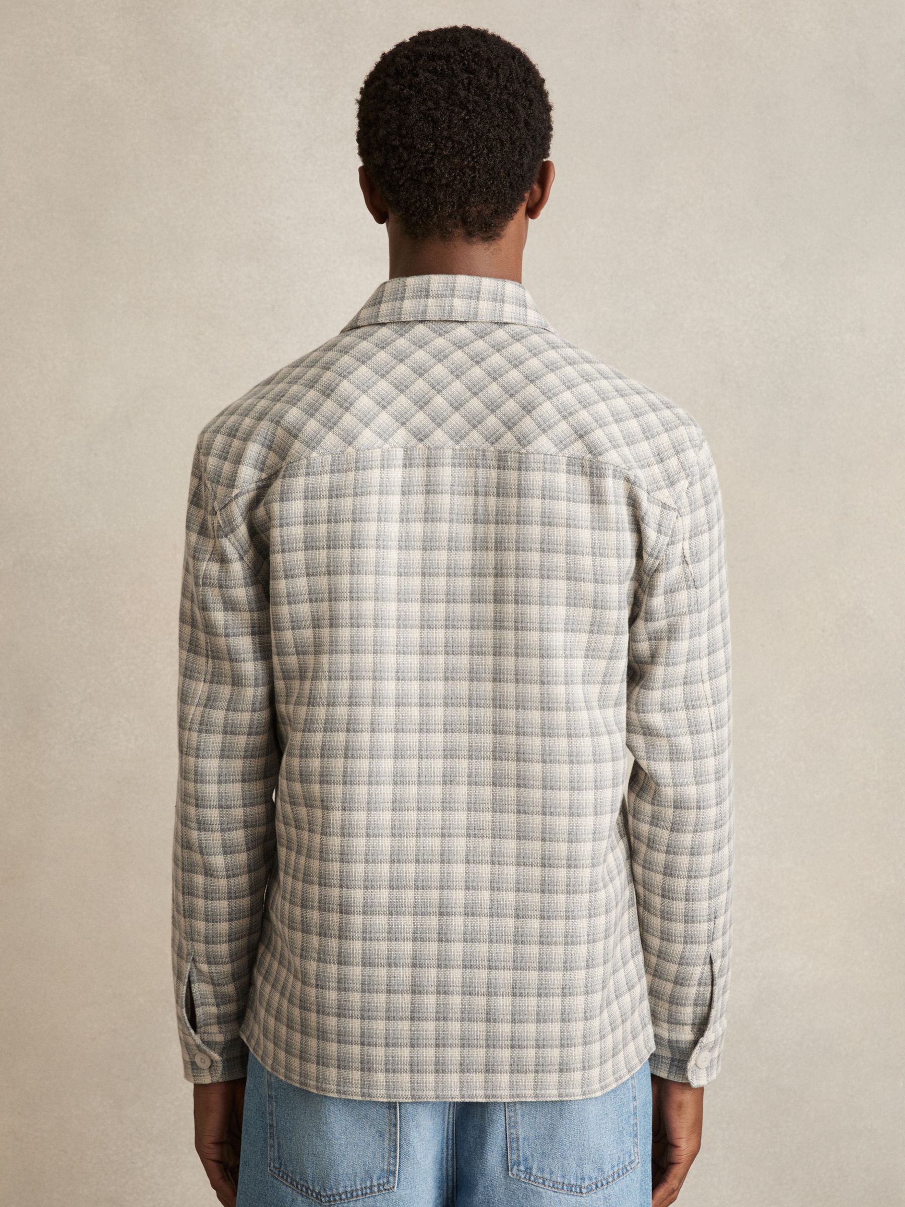 Woven Check Twin Pocket Overshirt in Light Grey