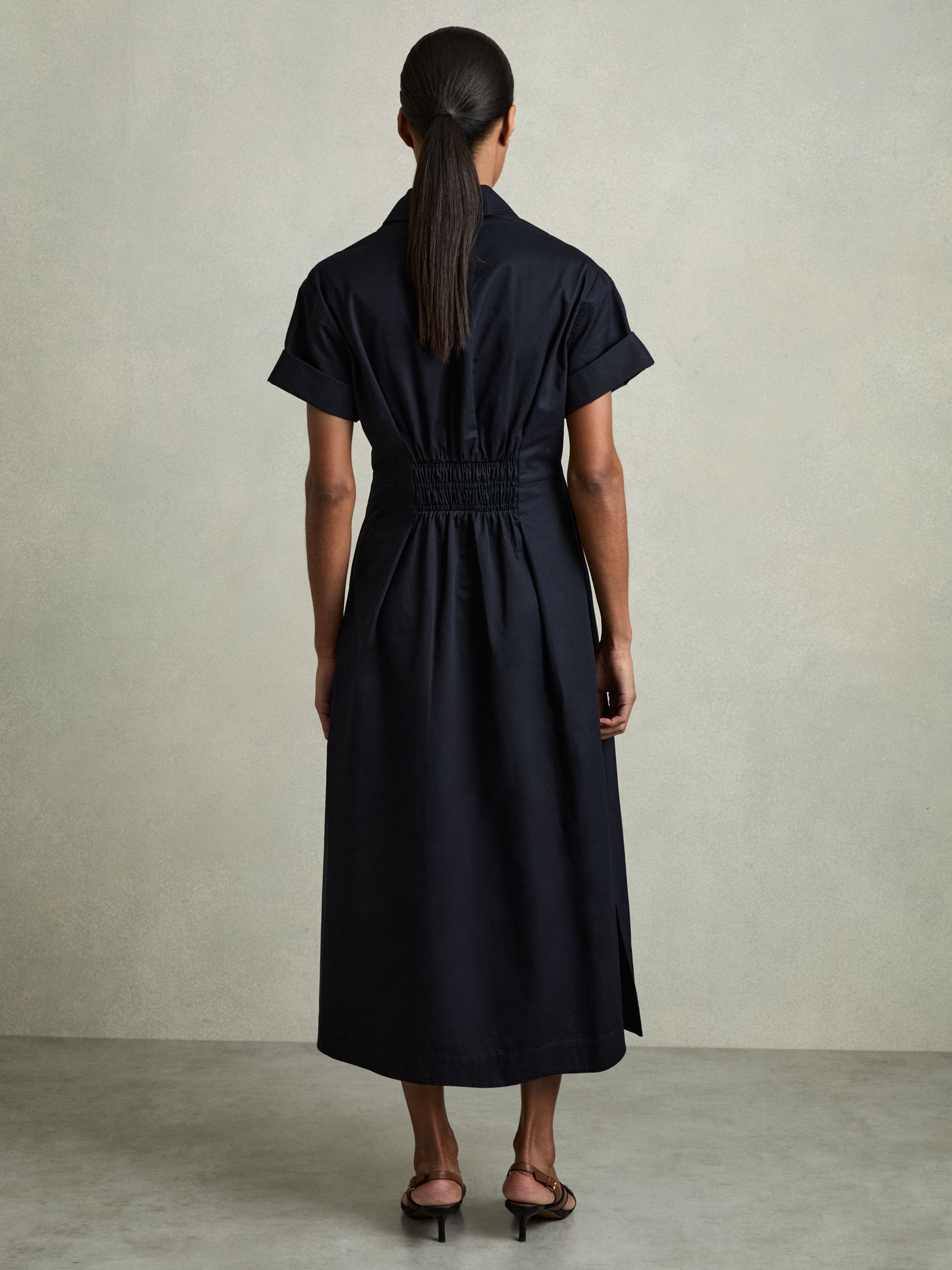 Cotton Pleated-Waist Midi Dress in Navy