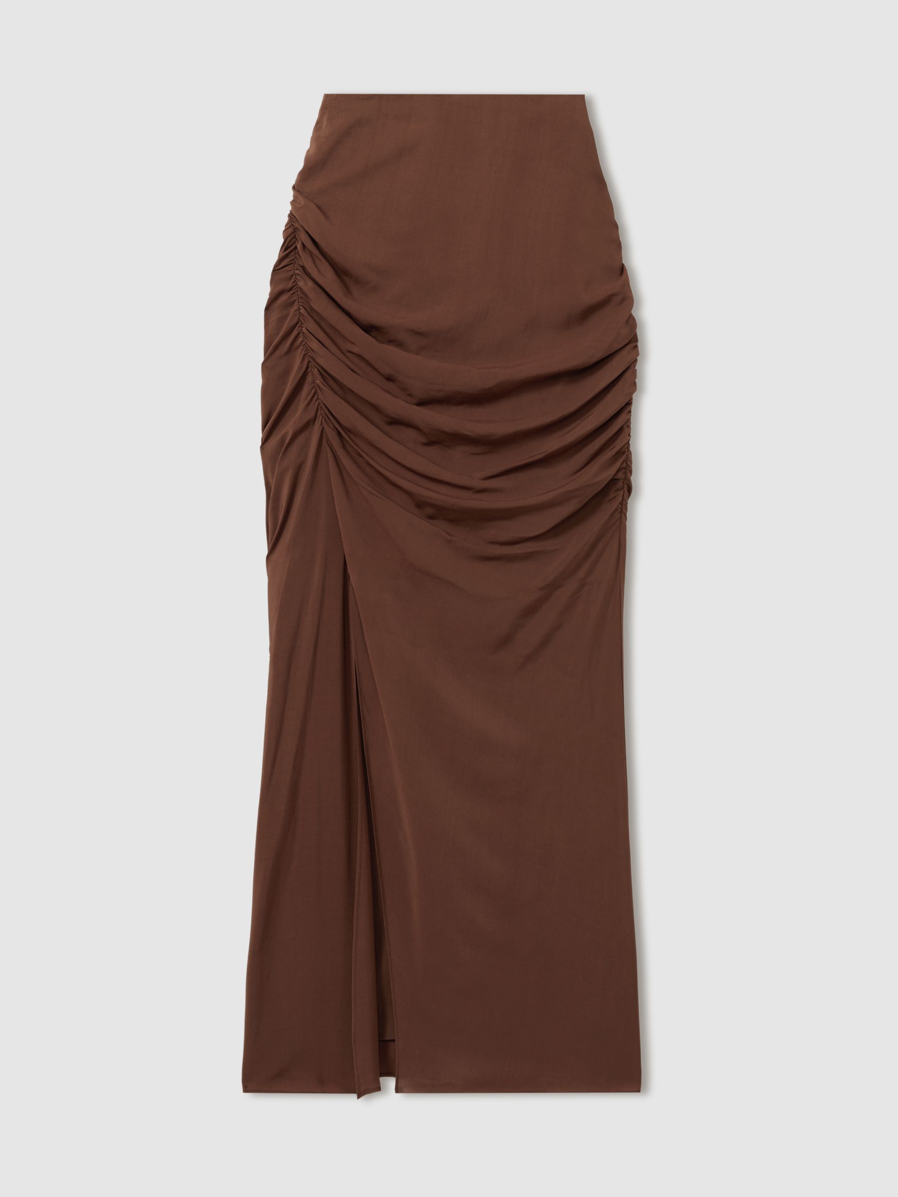 Ruched Front Split Midi Skirt in Chocolate