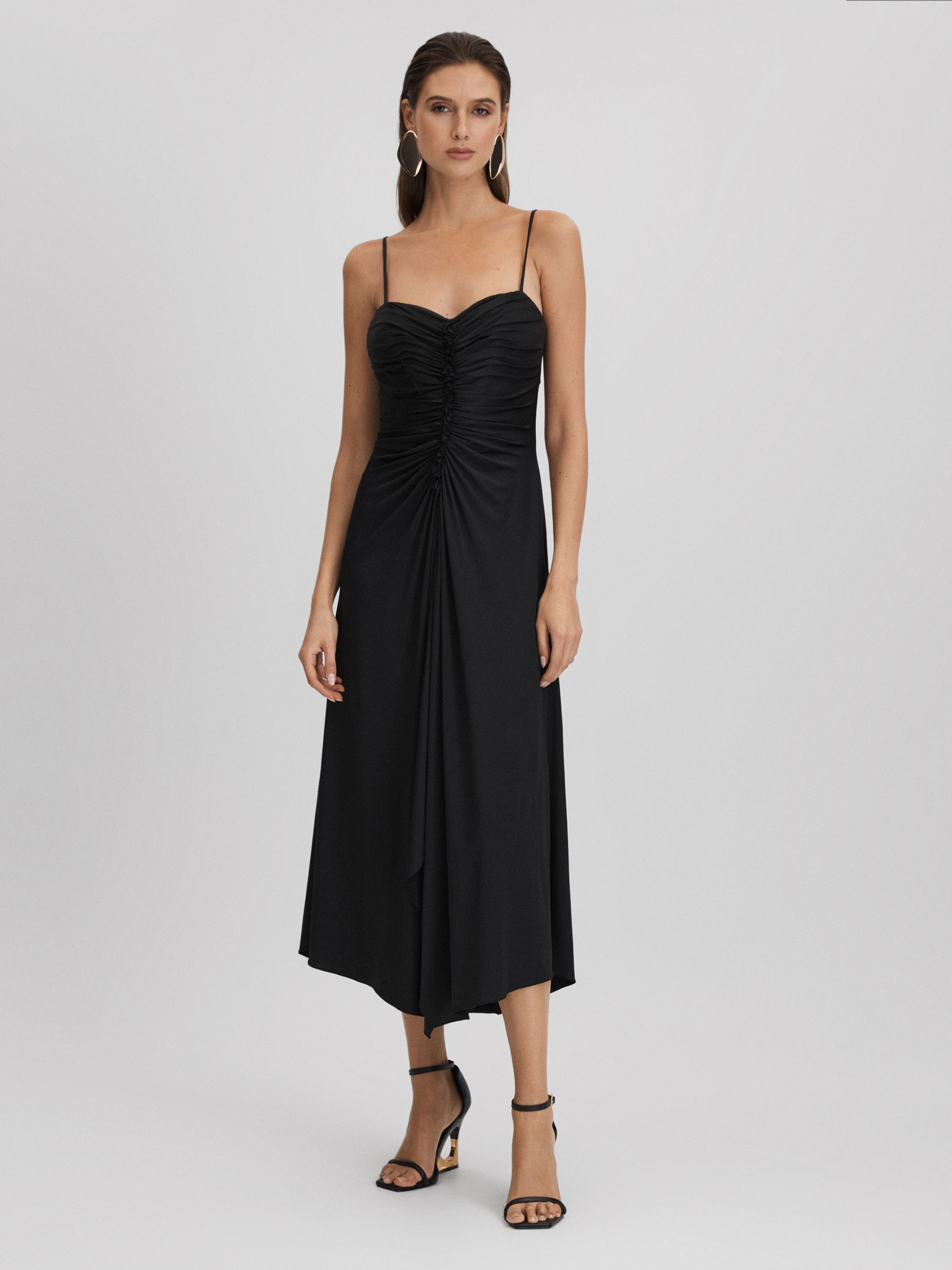 Halston Ruched Jersey Midi Dress in Black