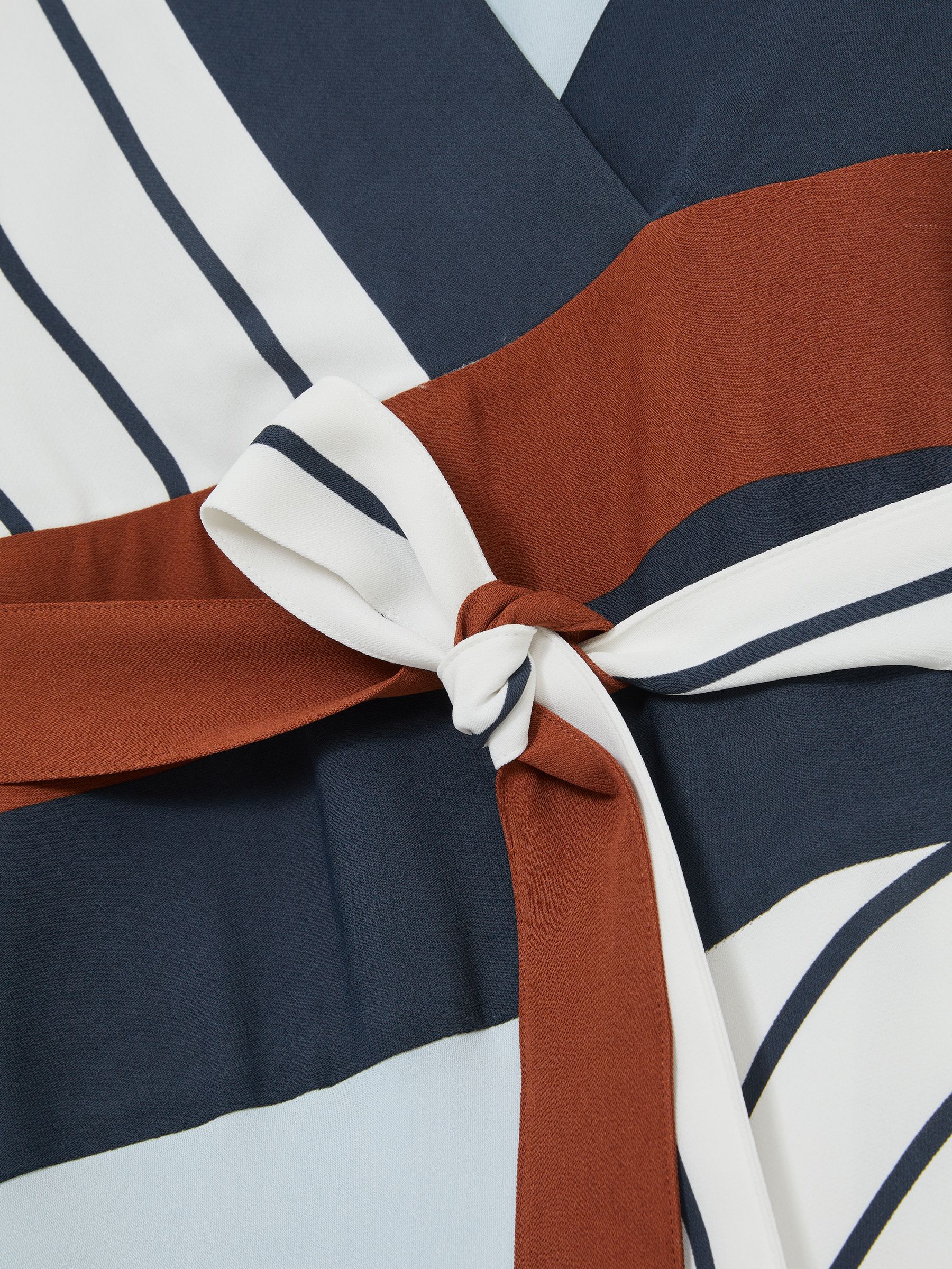 Stripe-Print Wrap Dress in Navy/Brown