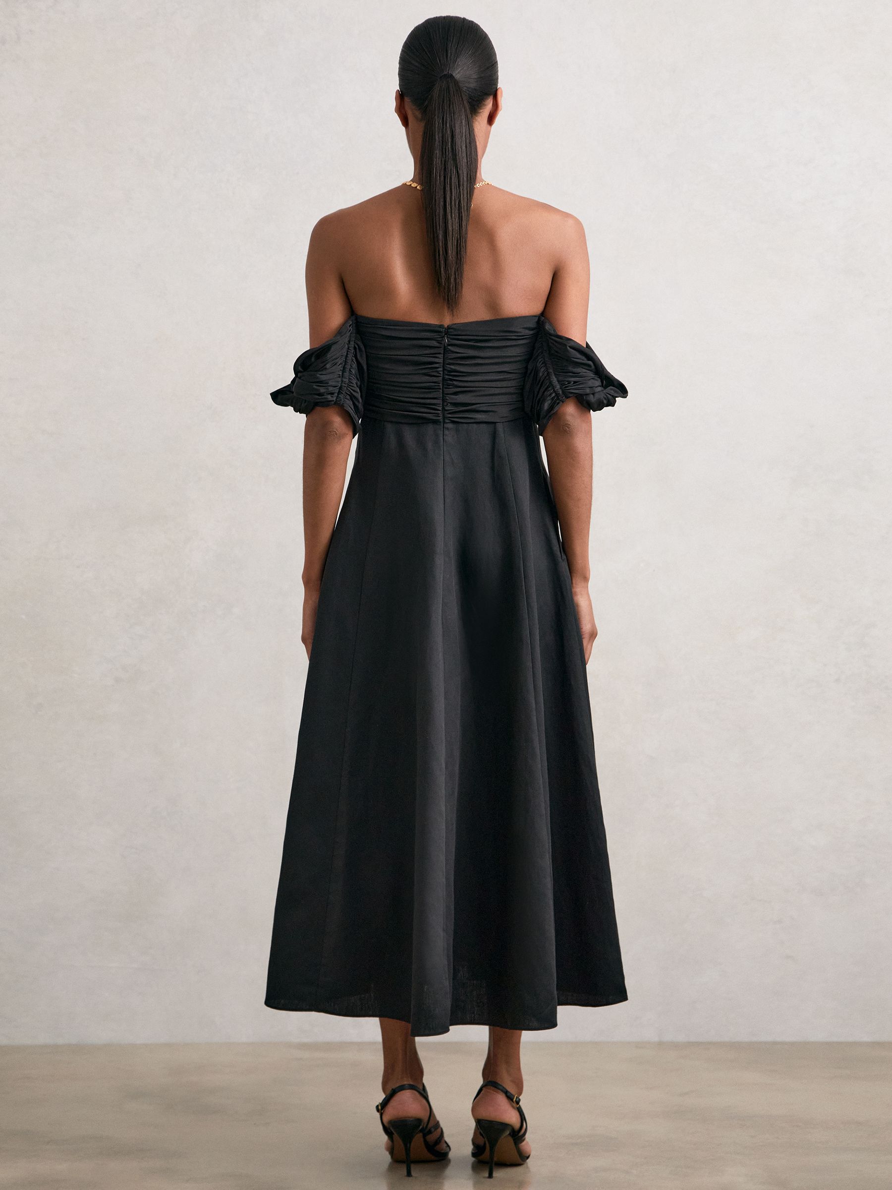 Bardot Sculpted Bodice Midi Dress With Linen in Black