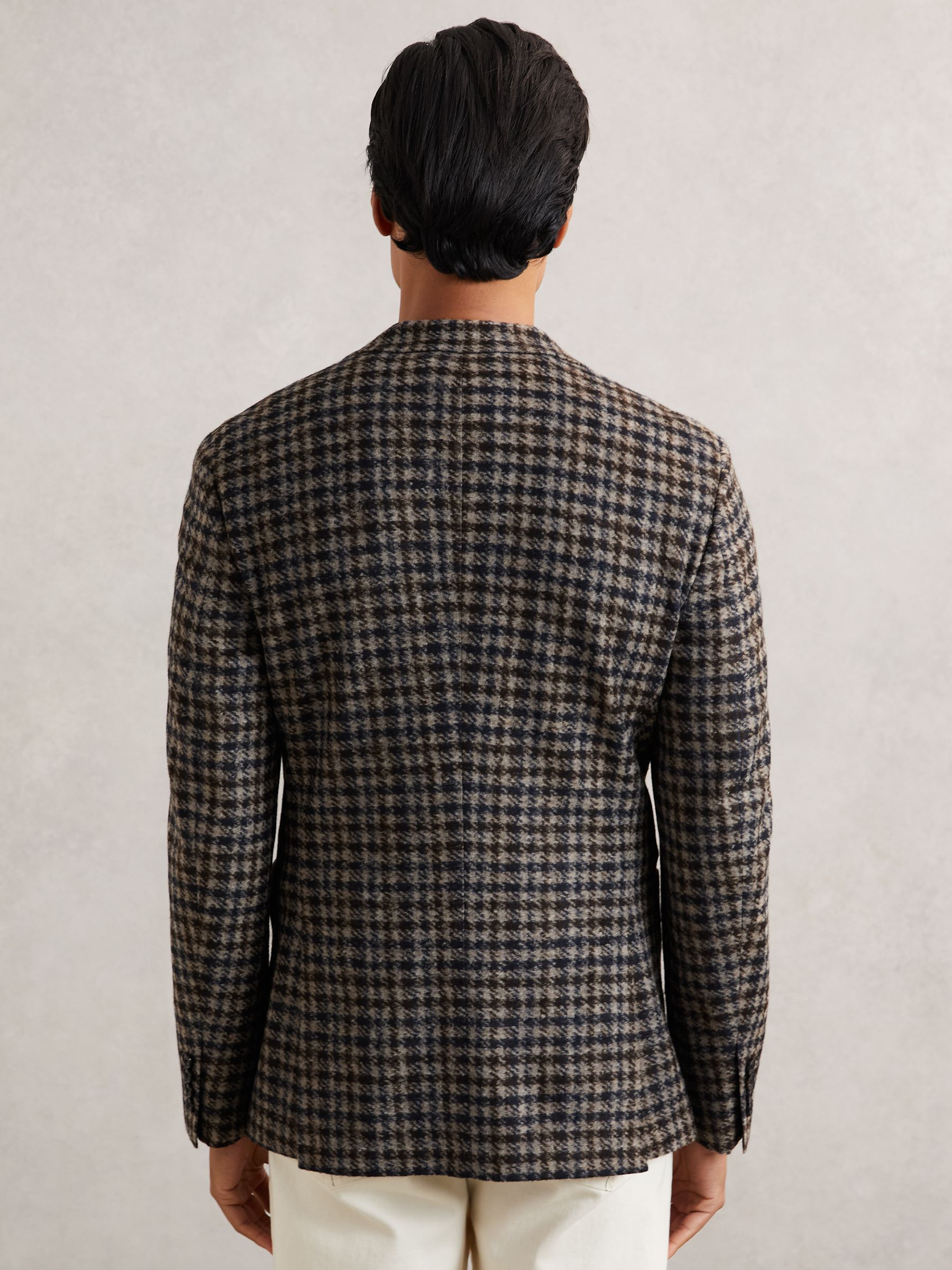 Wool-Blend Dogtooth Check Blazer in Brown