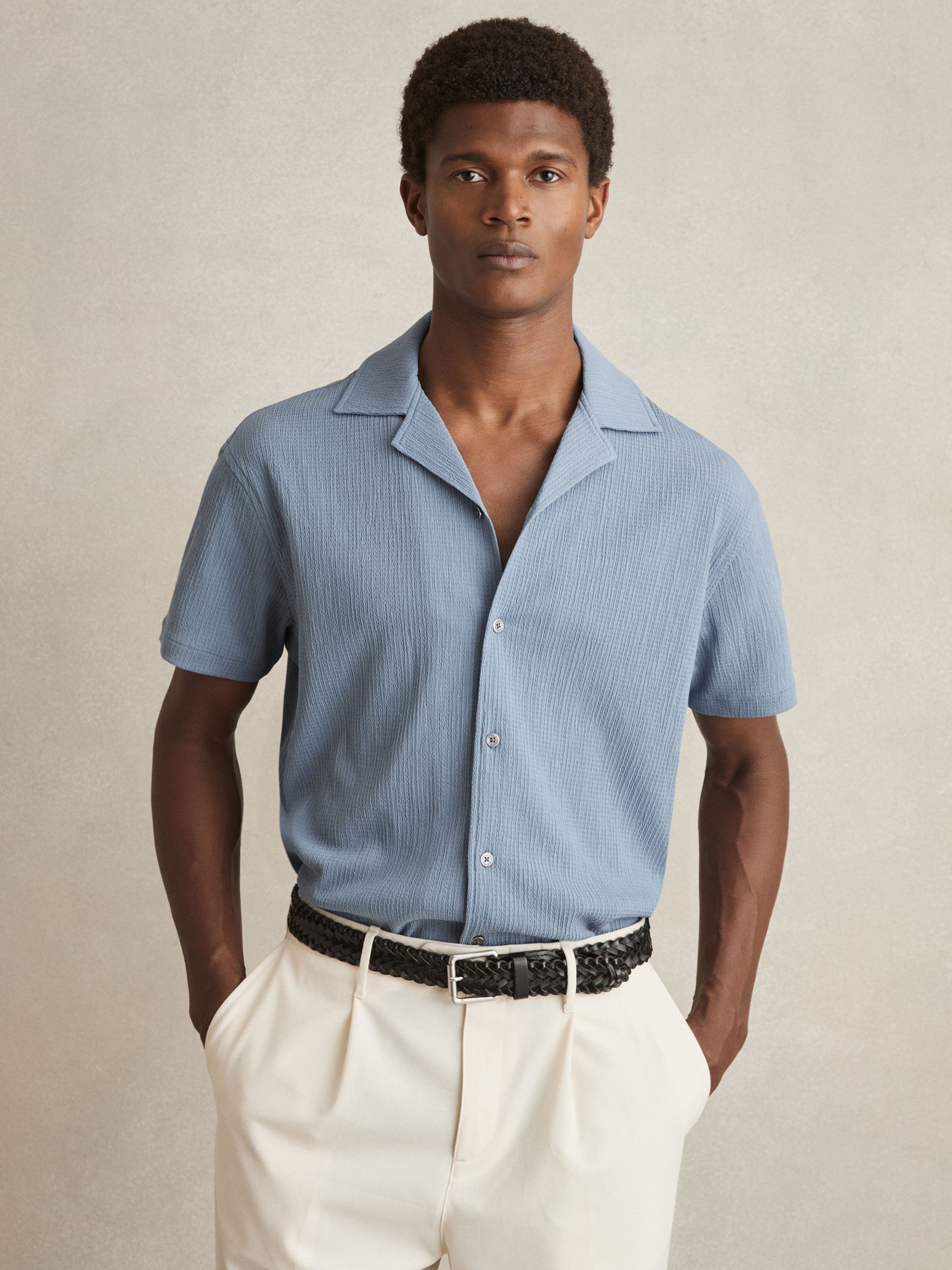 Textured Crepe Cuban Collar Shirt in Soft Blue