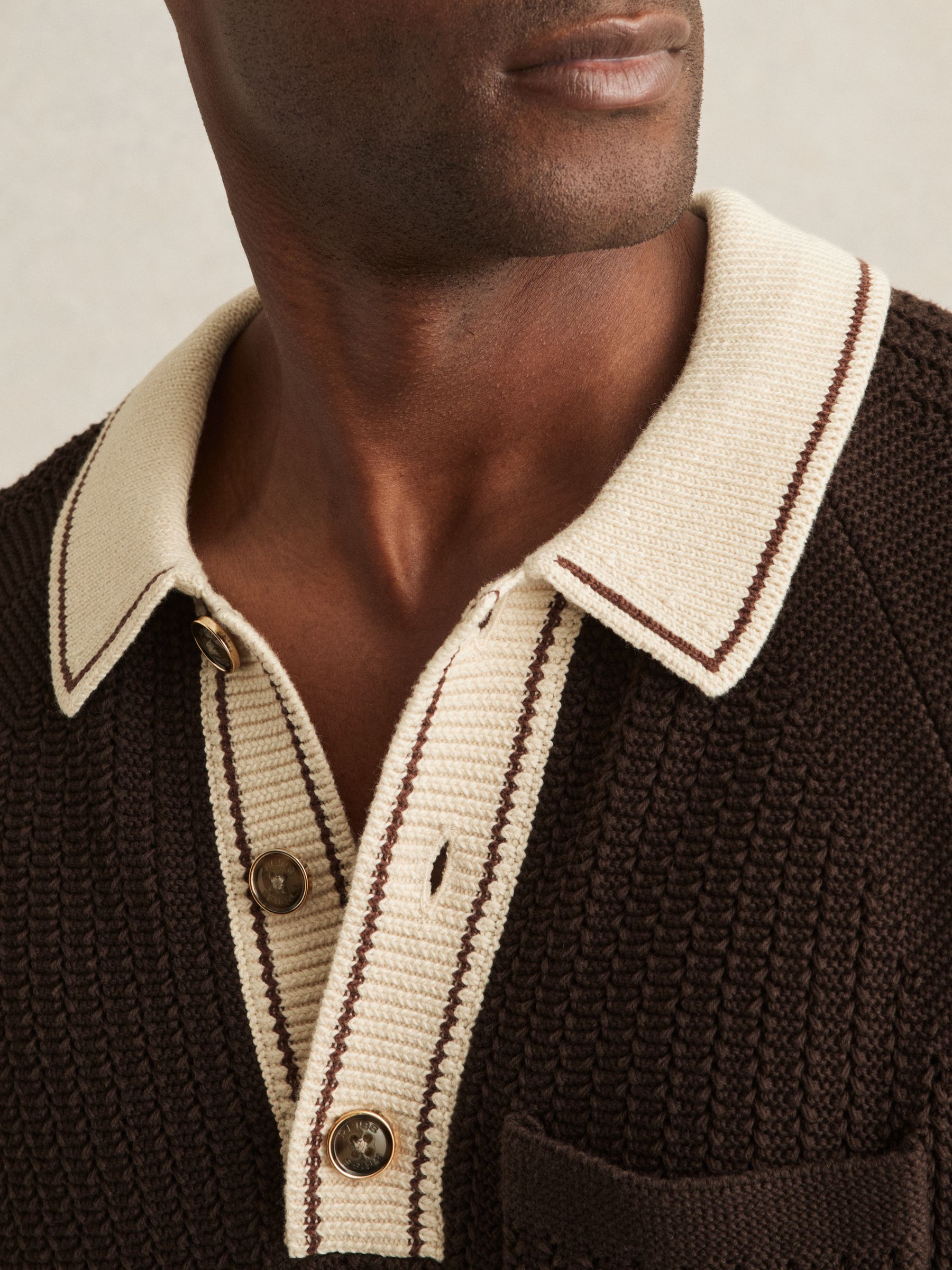 Cotton Textured Knit Contrast Polo Shirt in Dark Brown/Stone