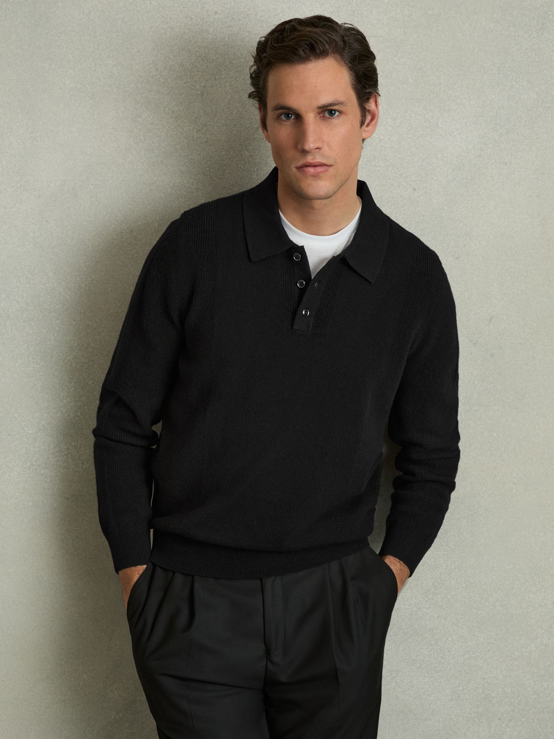 Wool Textured Long Sleeve Polo Shirt in Black