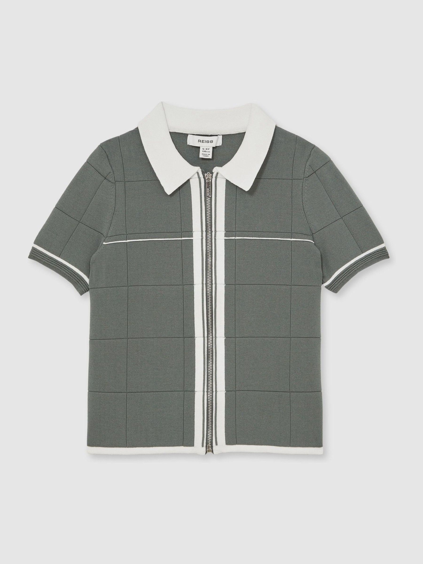 13-14 yrs Tipped Knit Zip-Through Shirt in Dark Sage Green