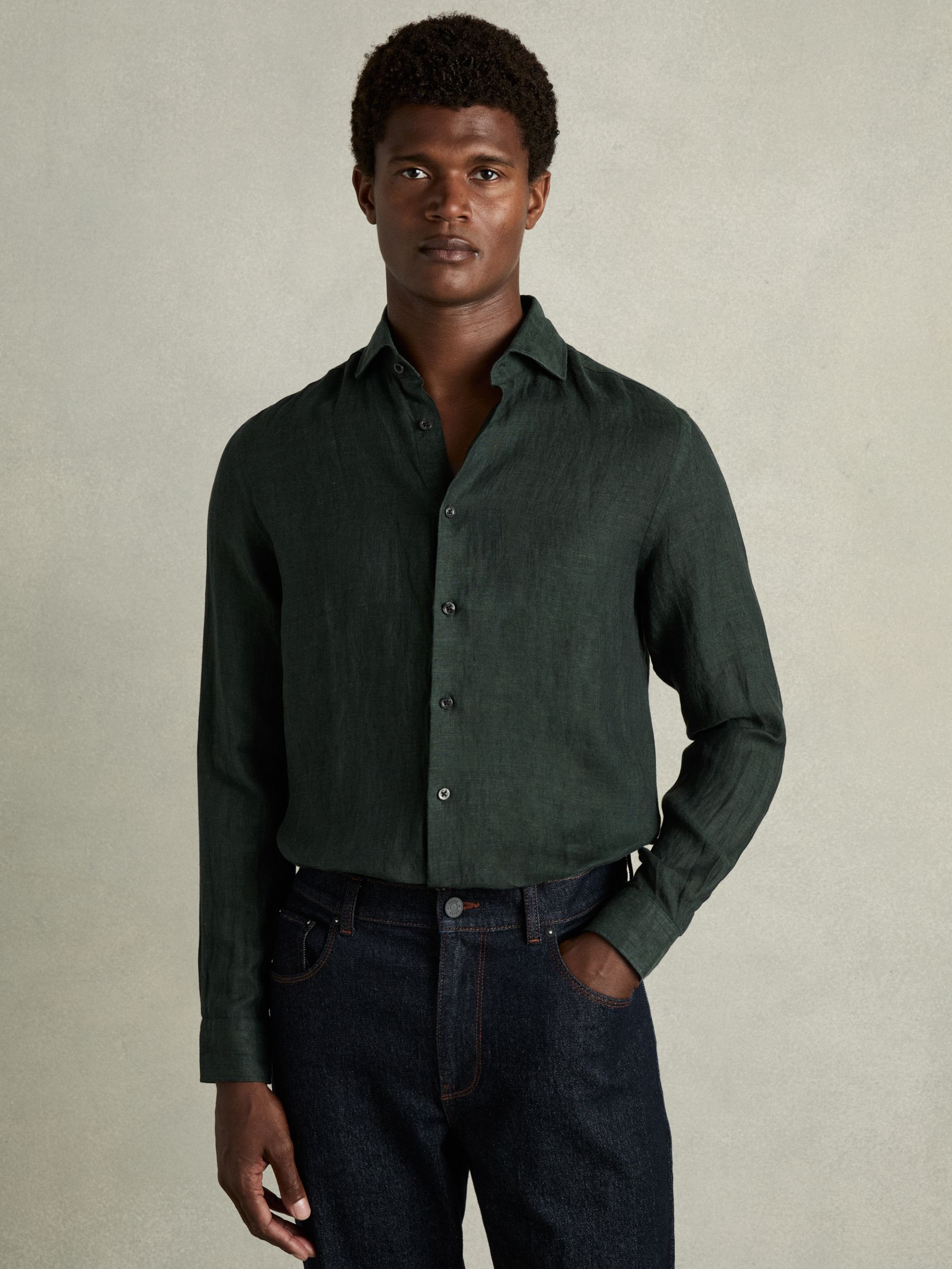 Linen Button-Through Shirt in Dark Green