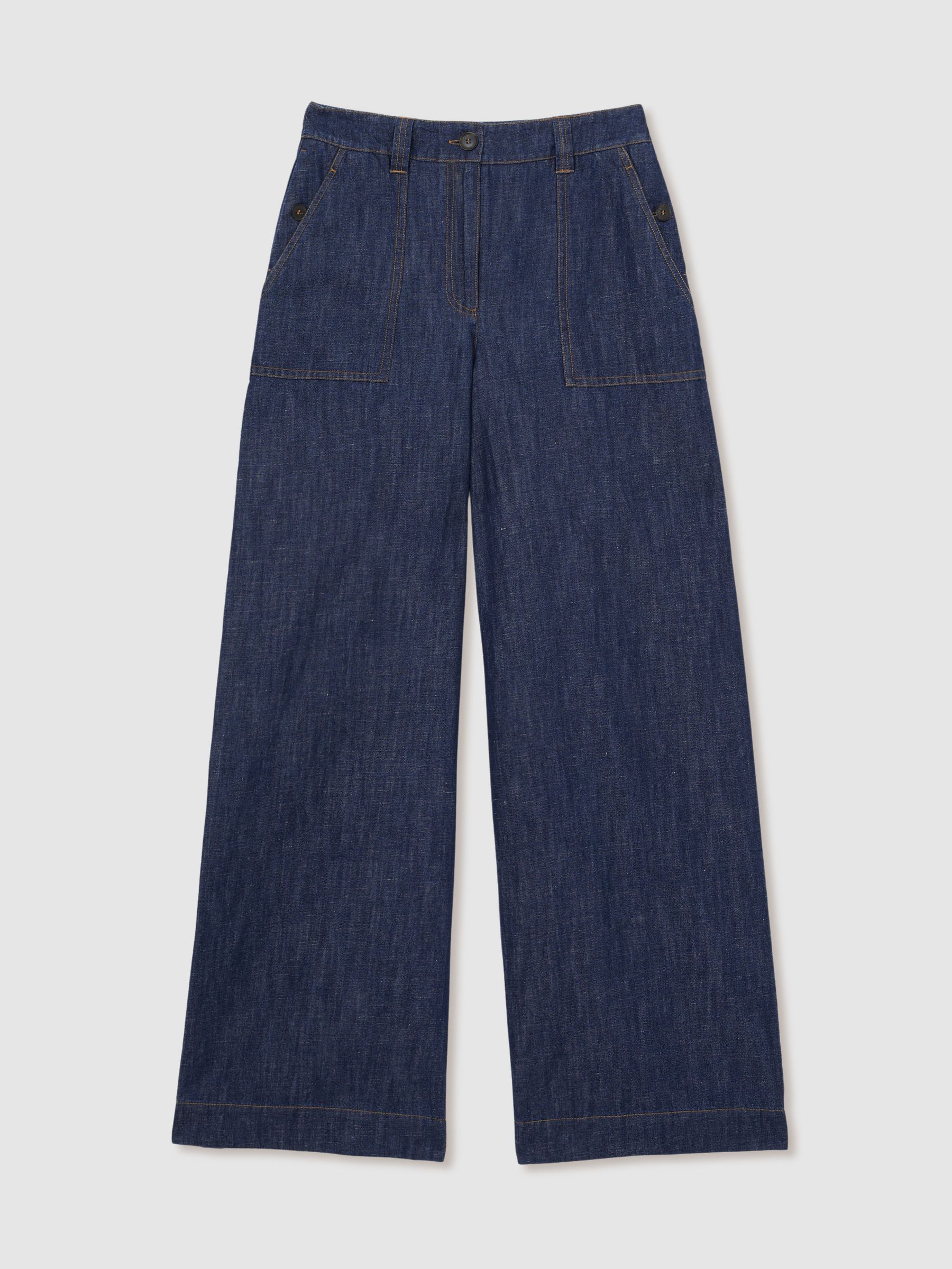 Petite Linen Wide Leg Trousers in Indigo