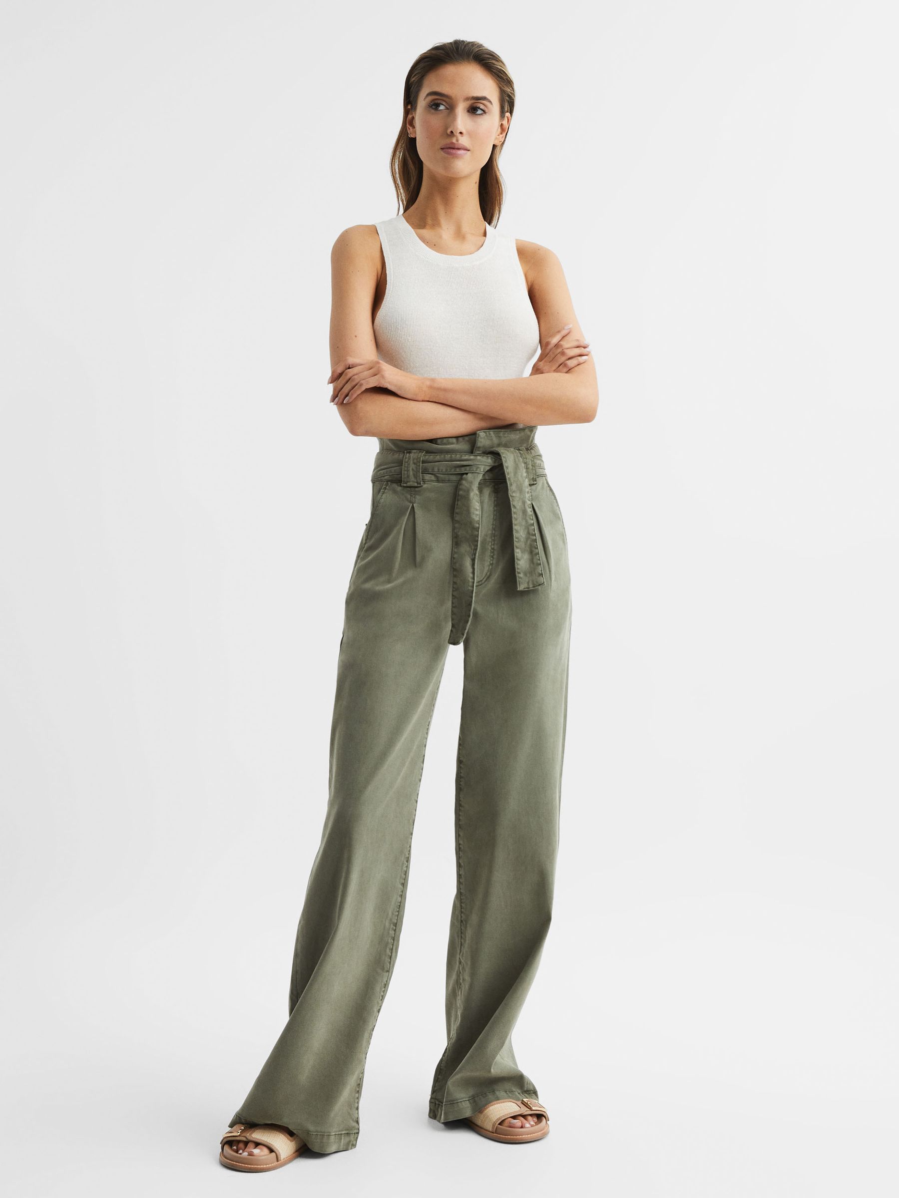 Paige High Rise Paper Bag Trousers in Vintage Ivy Green