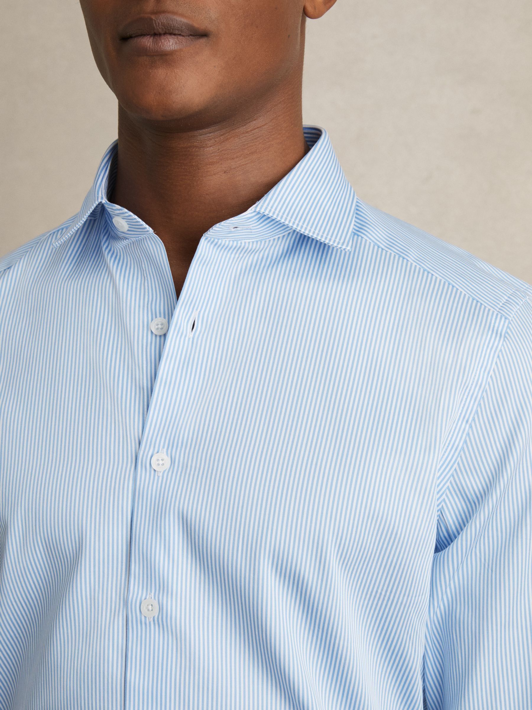 Slim Fit Cotton-Satin Cutaway-Collar Shirt in Blue Stripe