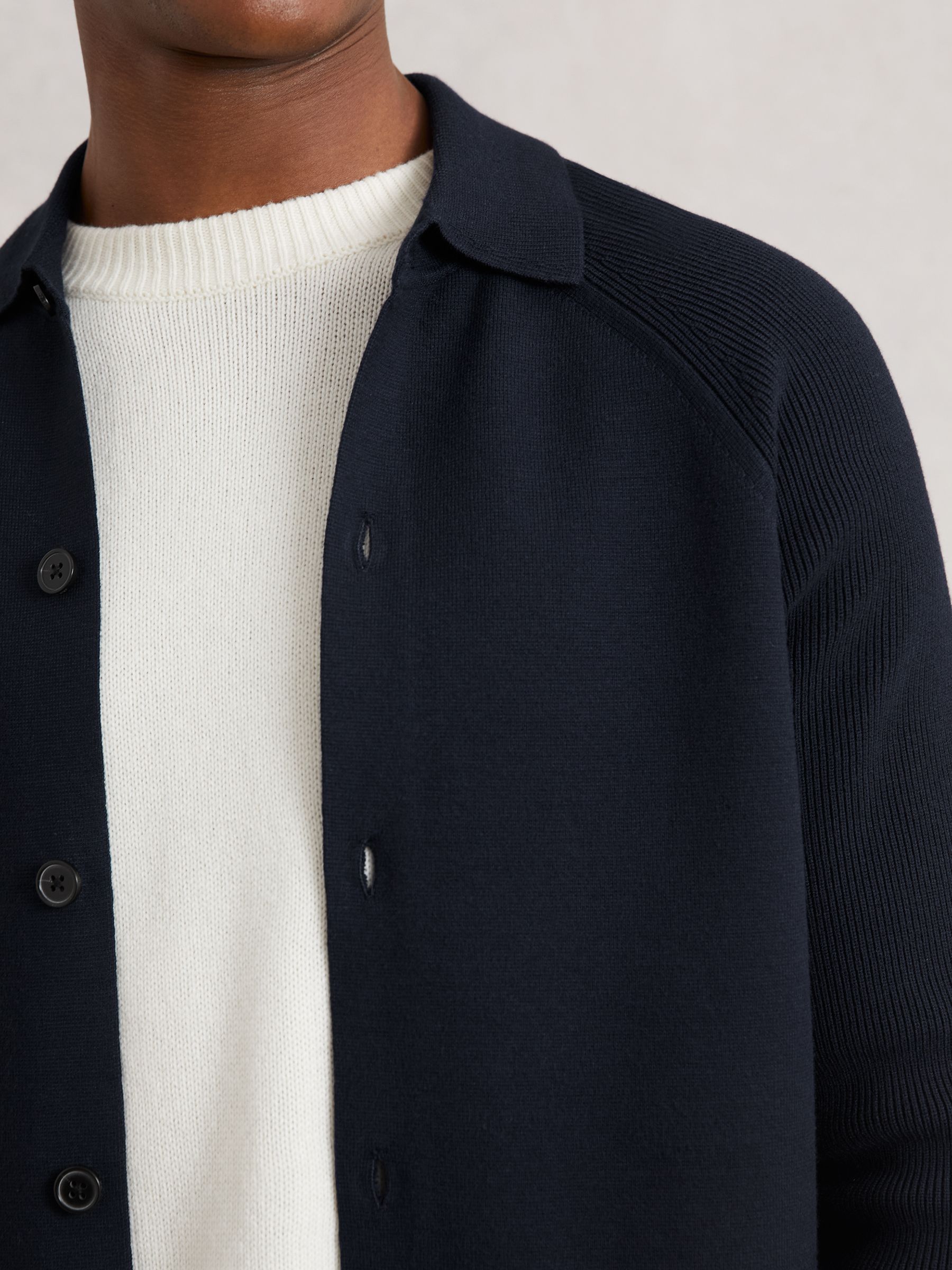 Button-Through Ribbed-Sleeve Shirt in Navy Blue