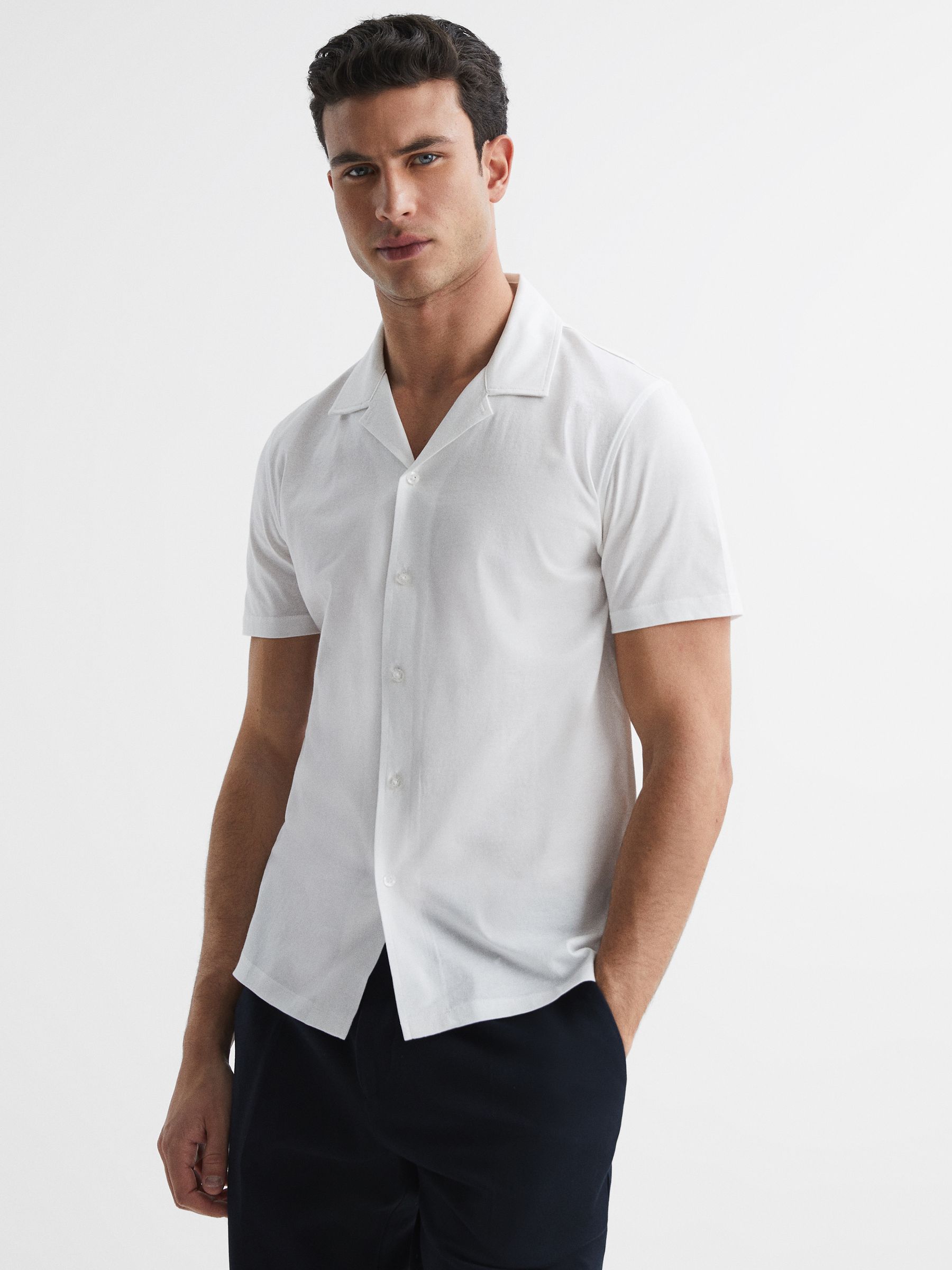 Mercerised Jersey Cuban Collar Shirt in White