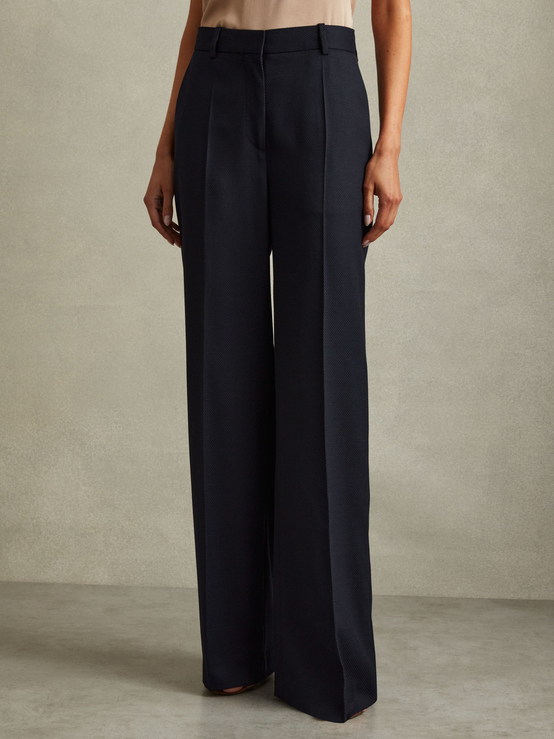Petite Textured Wide Leg Suit Trousers in Navy