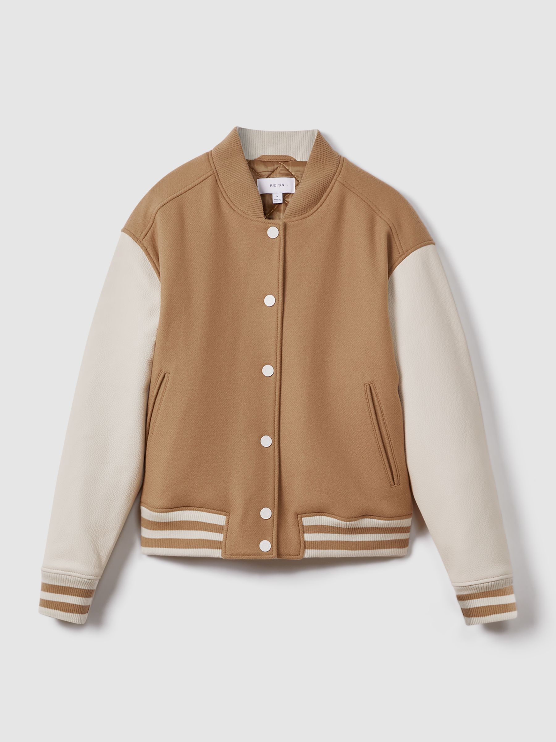 Premium Wool Blend Bomber Jacket in Camel/Cream