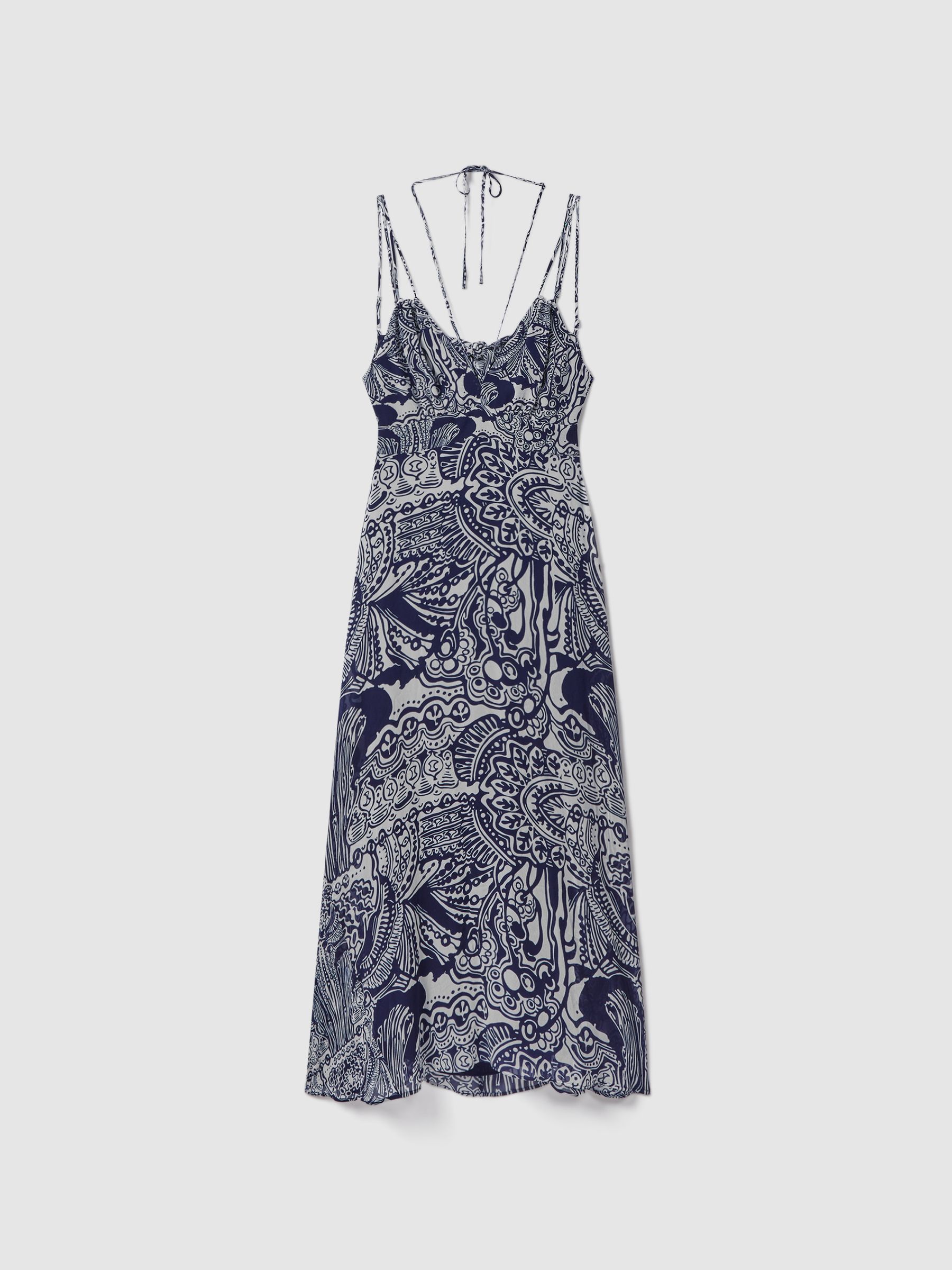 Printed Strappy Resort Midi Dress in Navy
