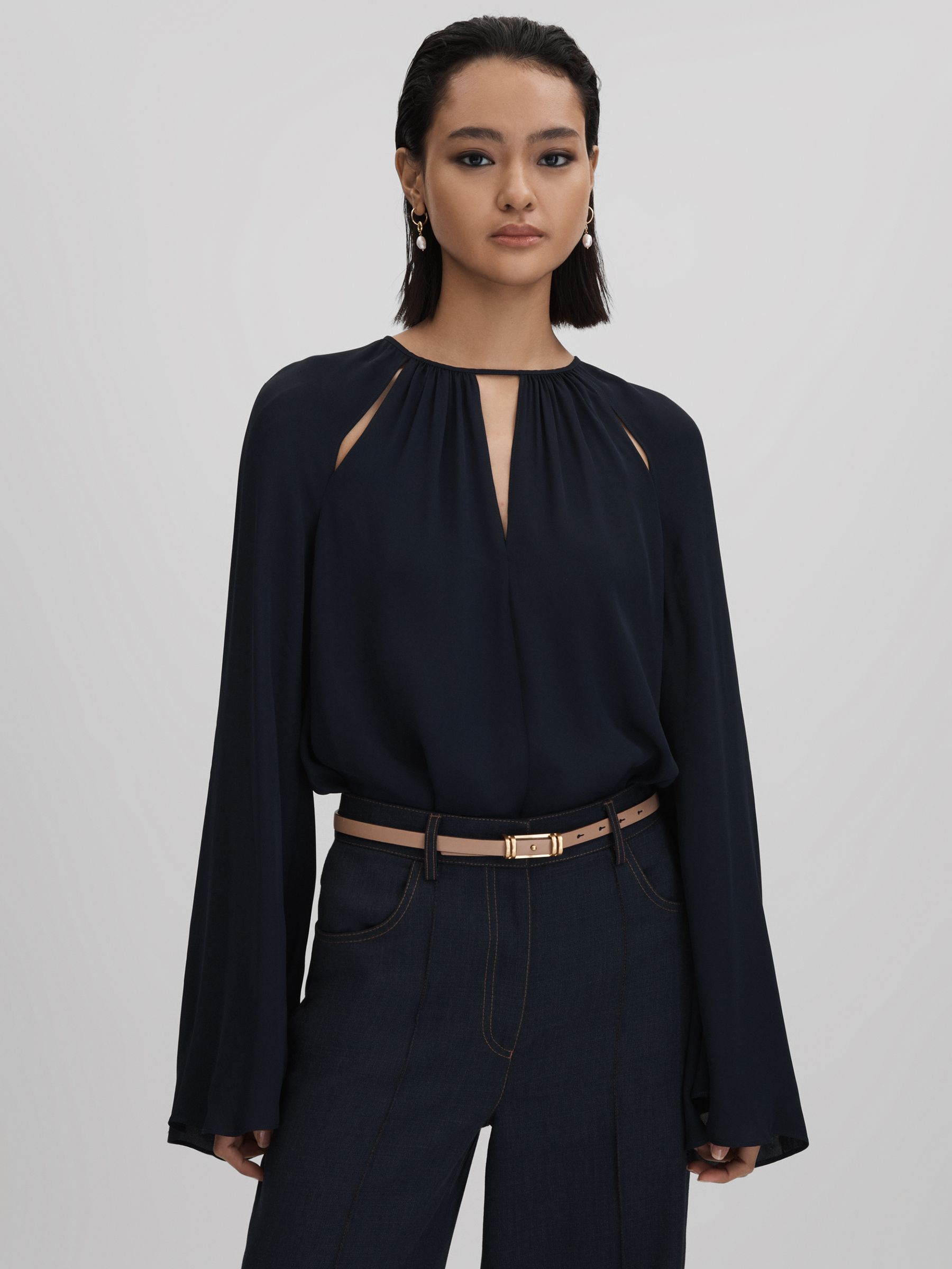 Cut-Out Flute Sleeve Blouse in Navy