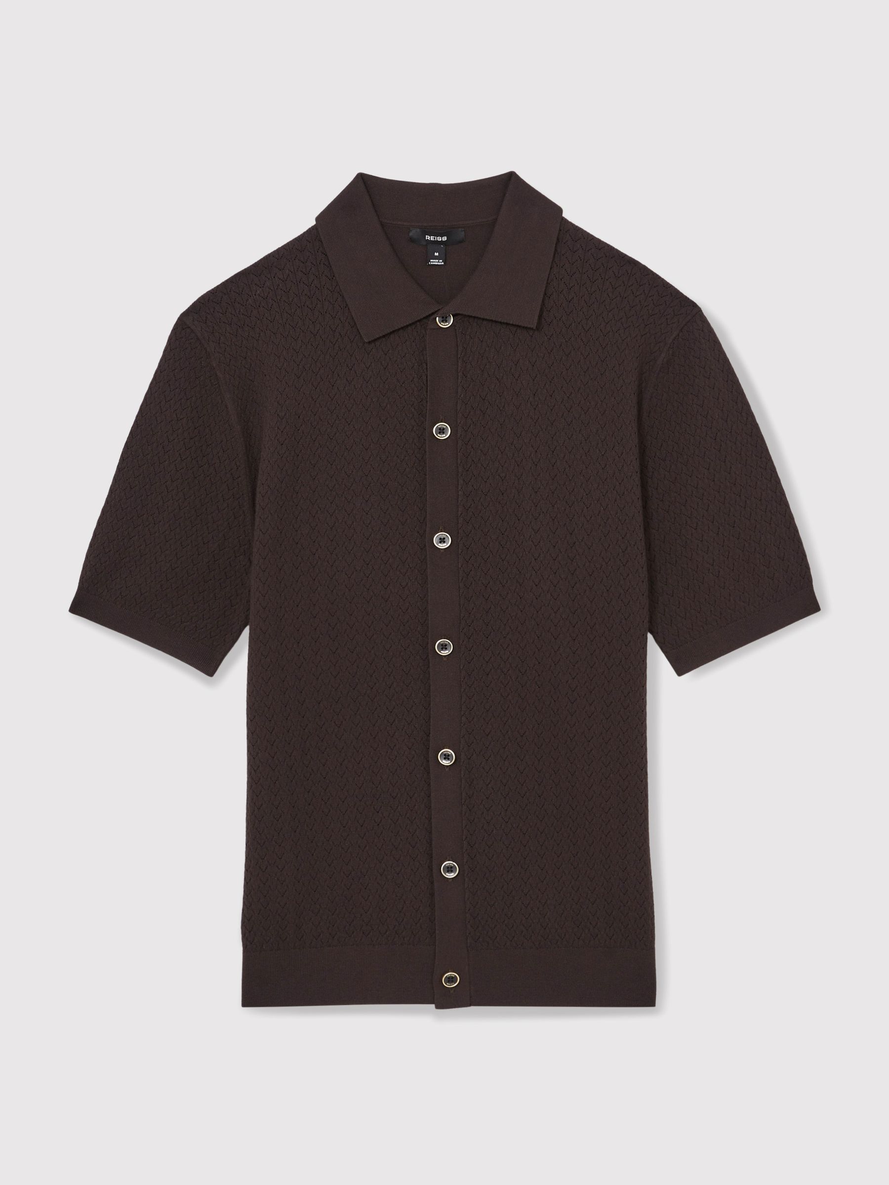 Textured Knit Button-Through Shirt in Chocolate Brown