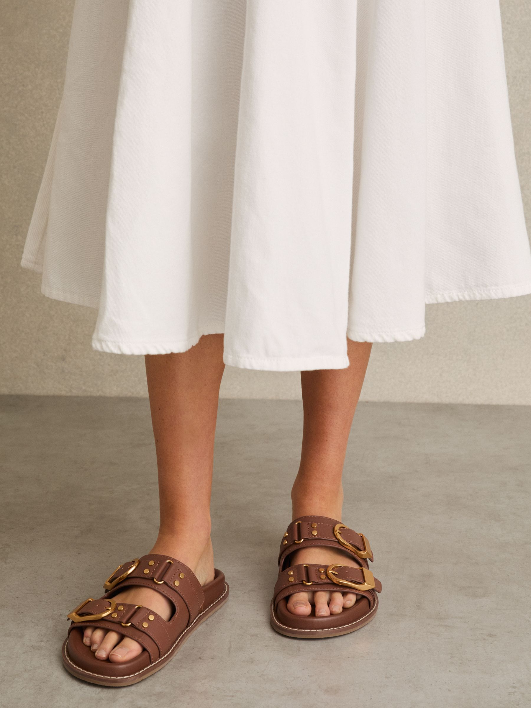 Leather Buckled Slip-On Sandals in Tan