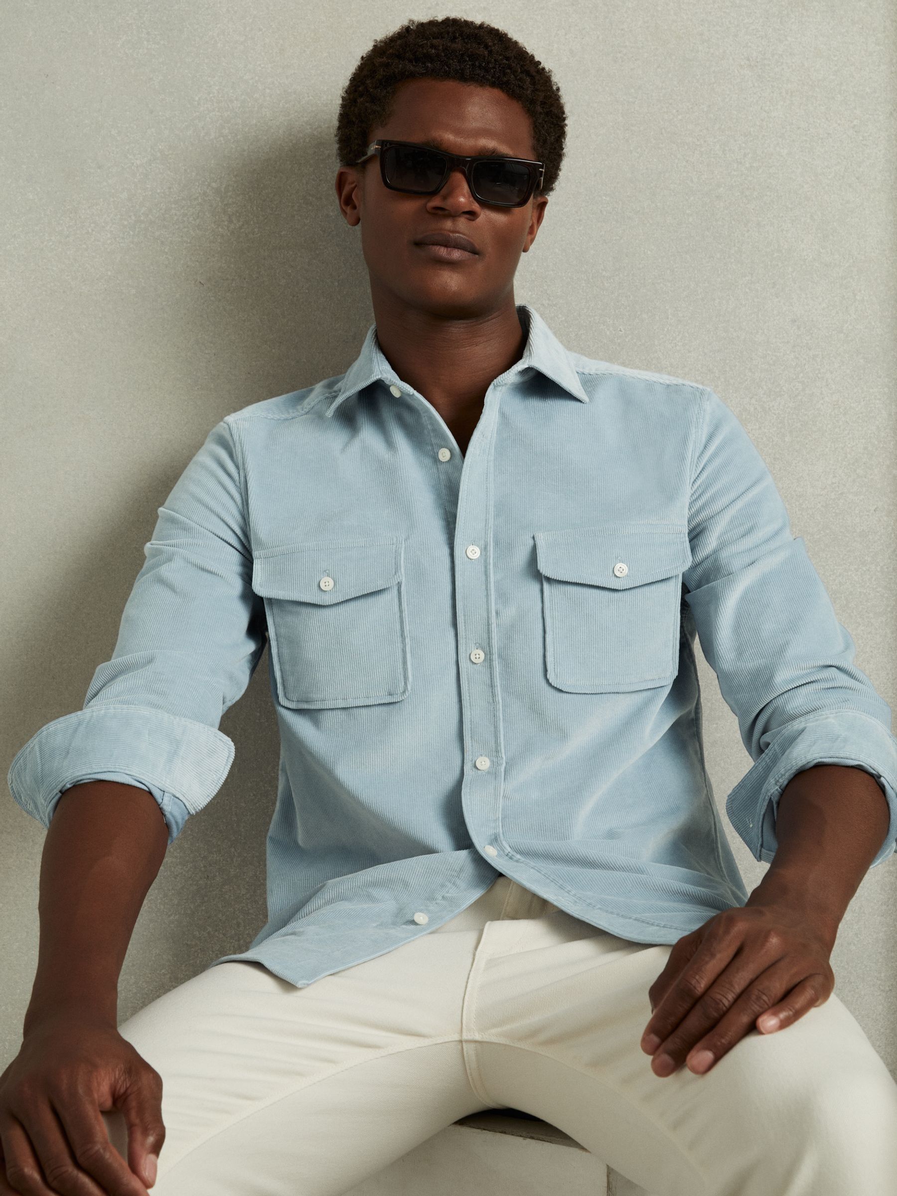 Cotton-Blend Corduroy Overshirt in Soft Blue