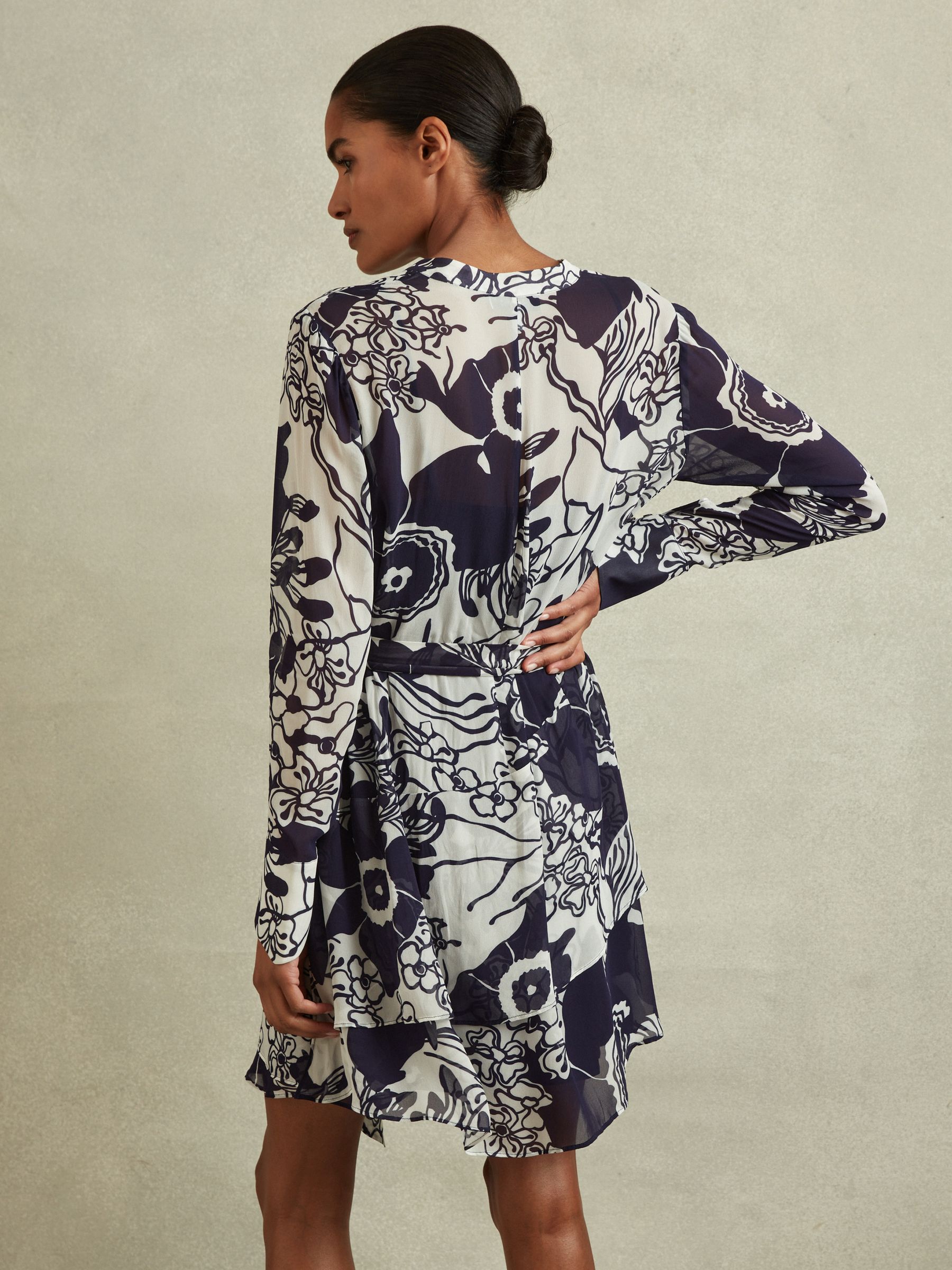 Printed Belted Mini Dress in Navy/Cream