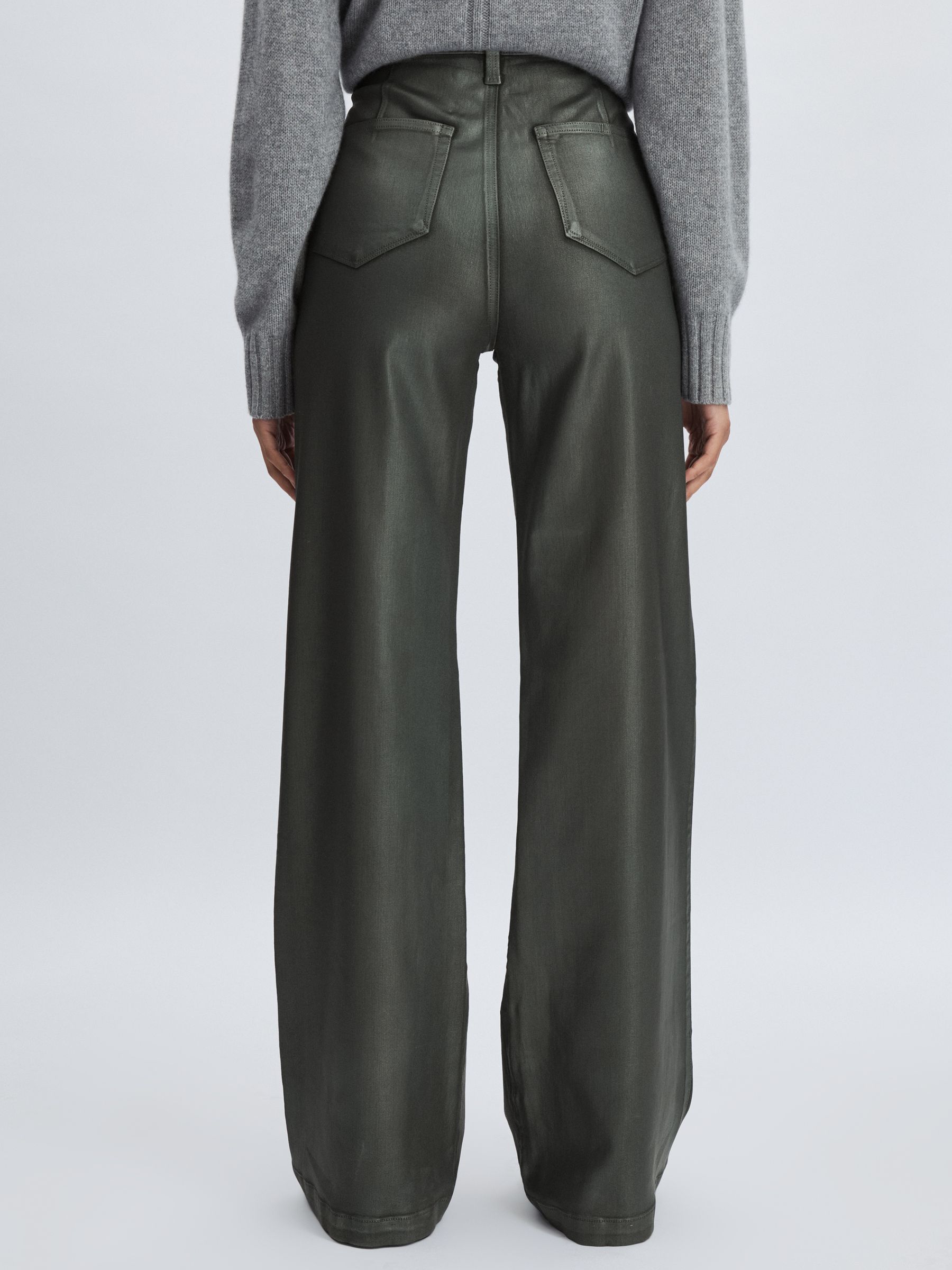 Paige Leather-Look Wide-Leg Jeans in Dark Green