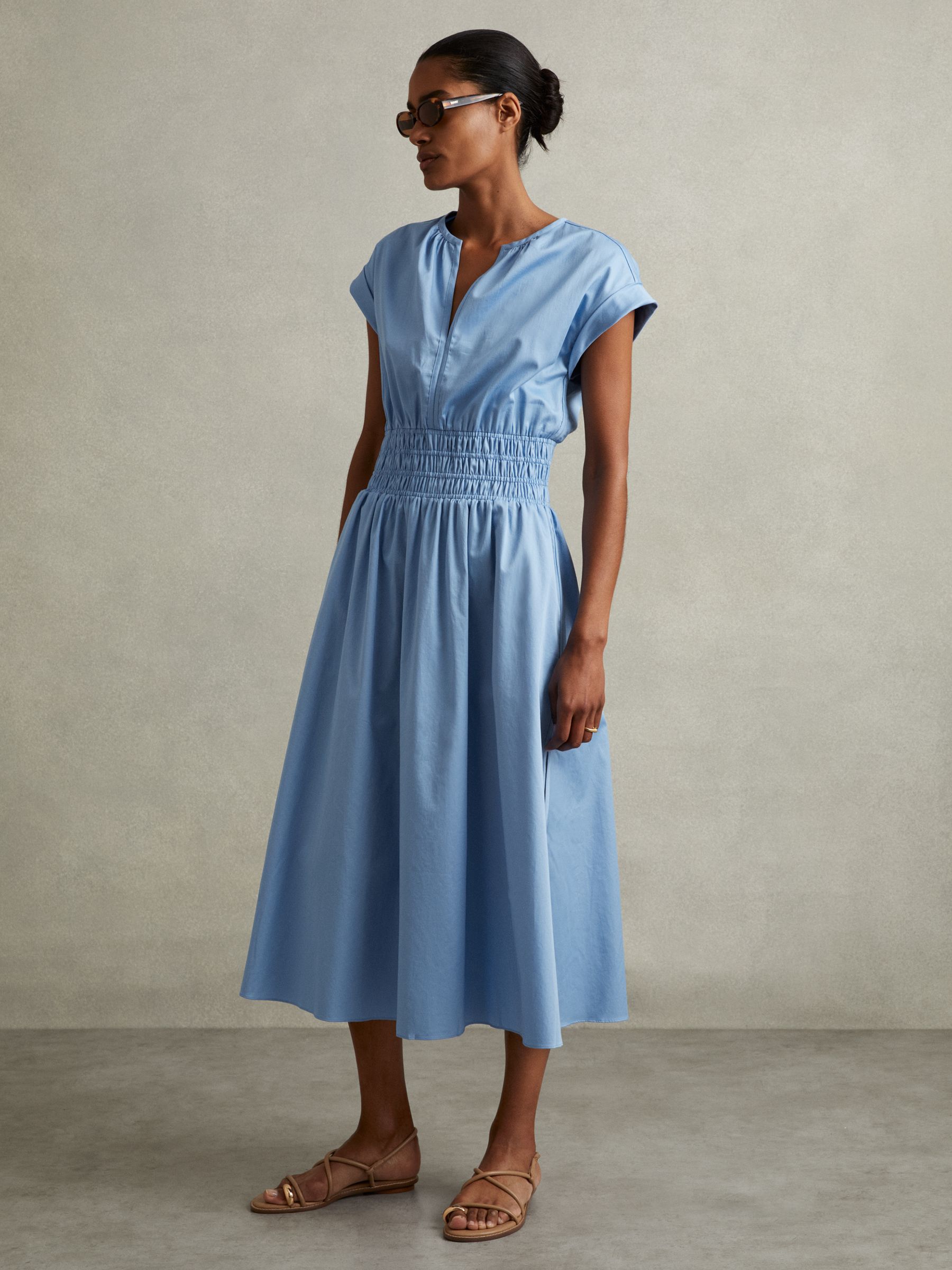Cotton Ruched Waist Midi Dress in Blue