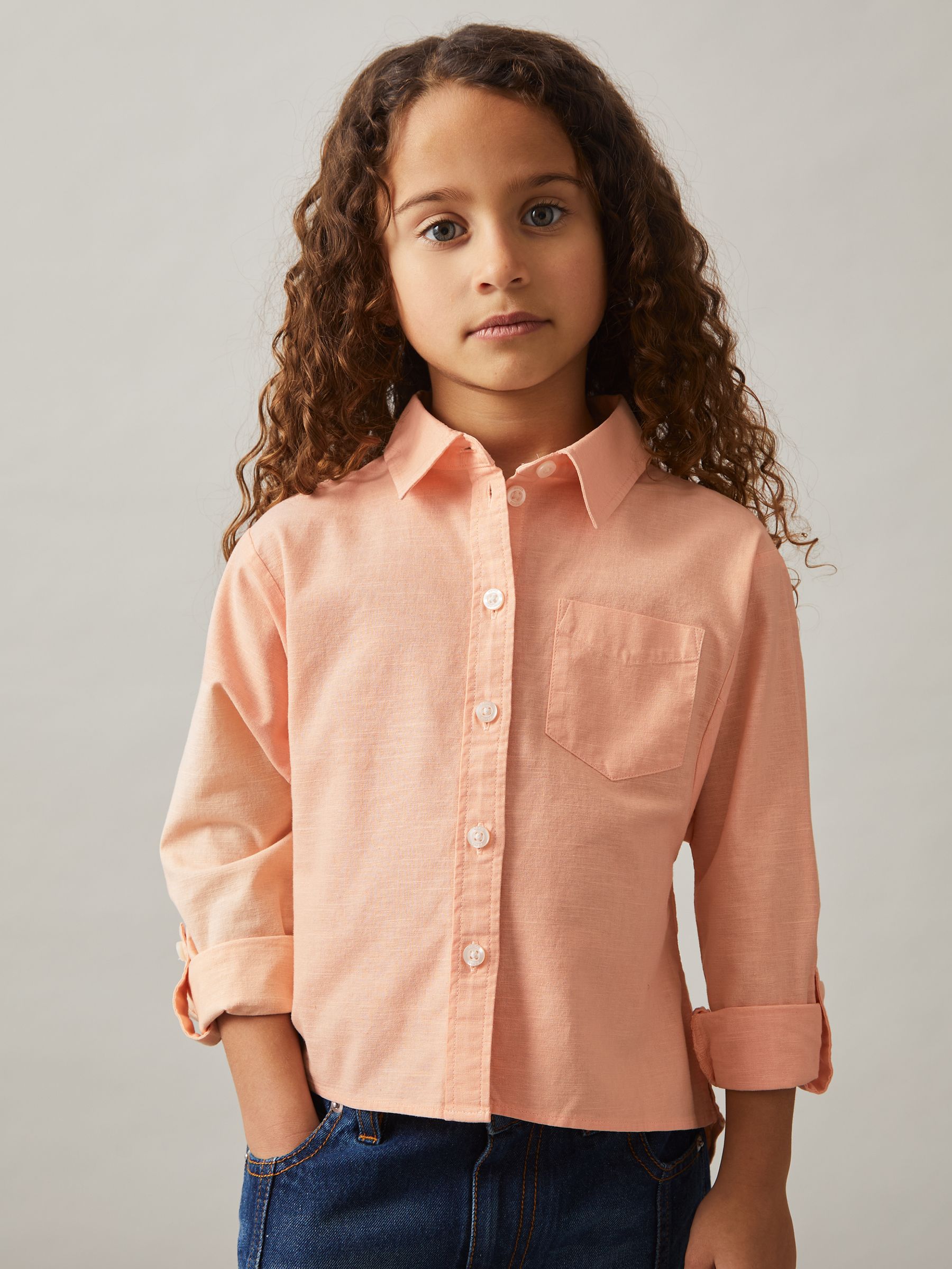 9-13 yrs Linen Roll-Cuff Shirt in Peach