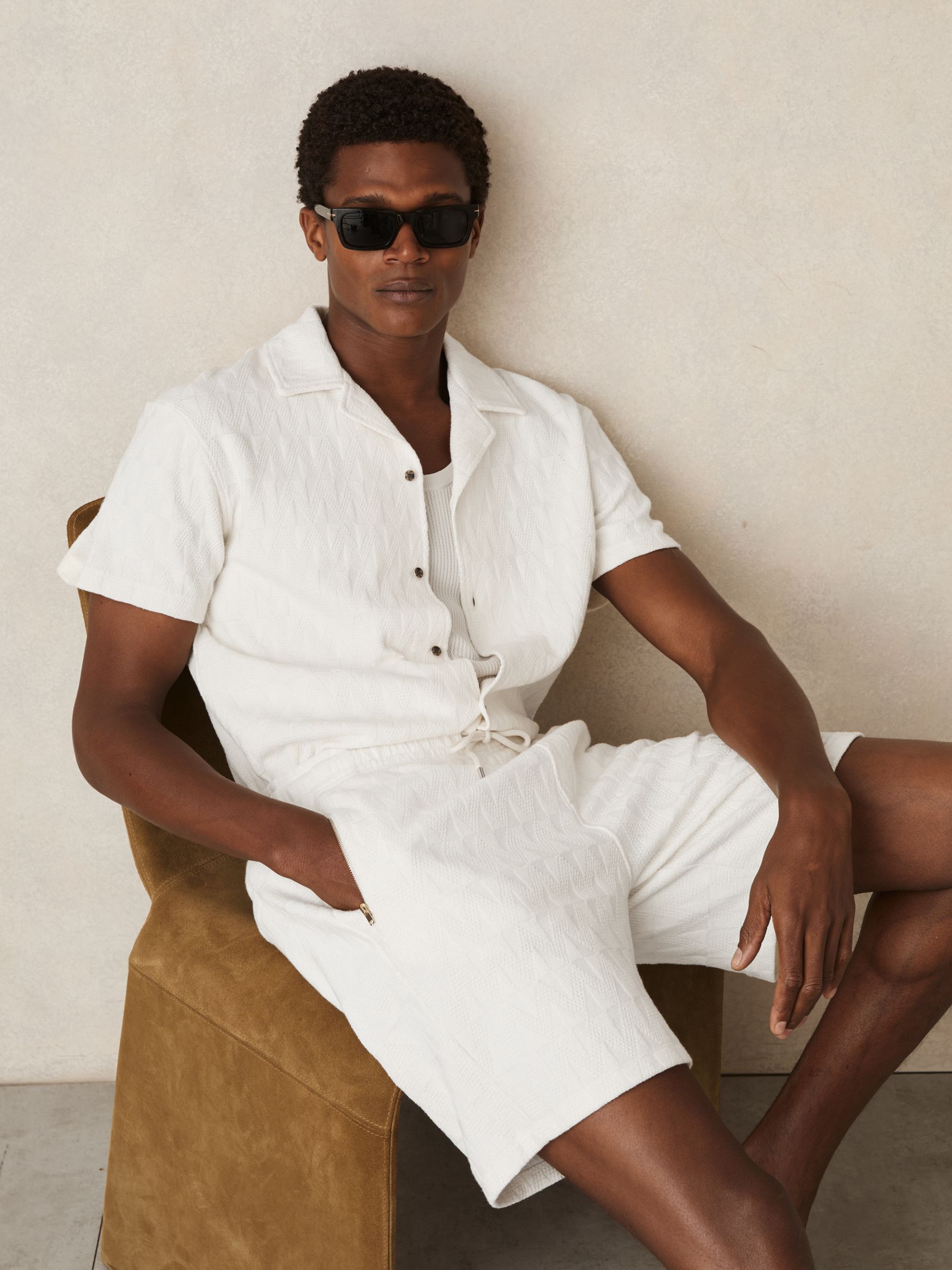 Cotton Textured Drawstring Shorts in Off White