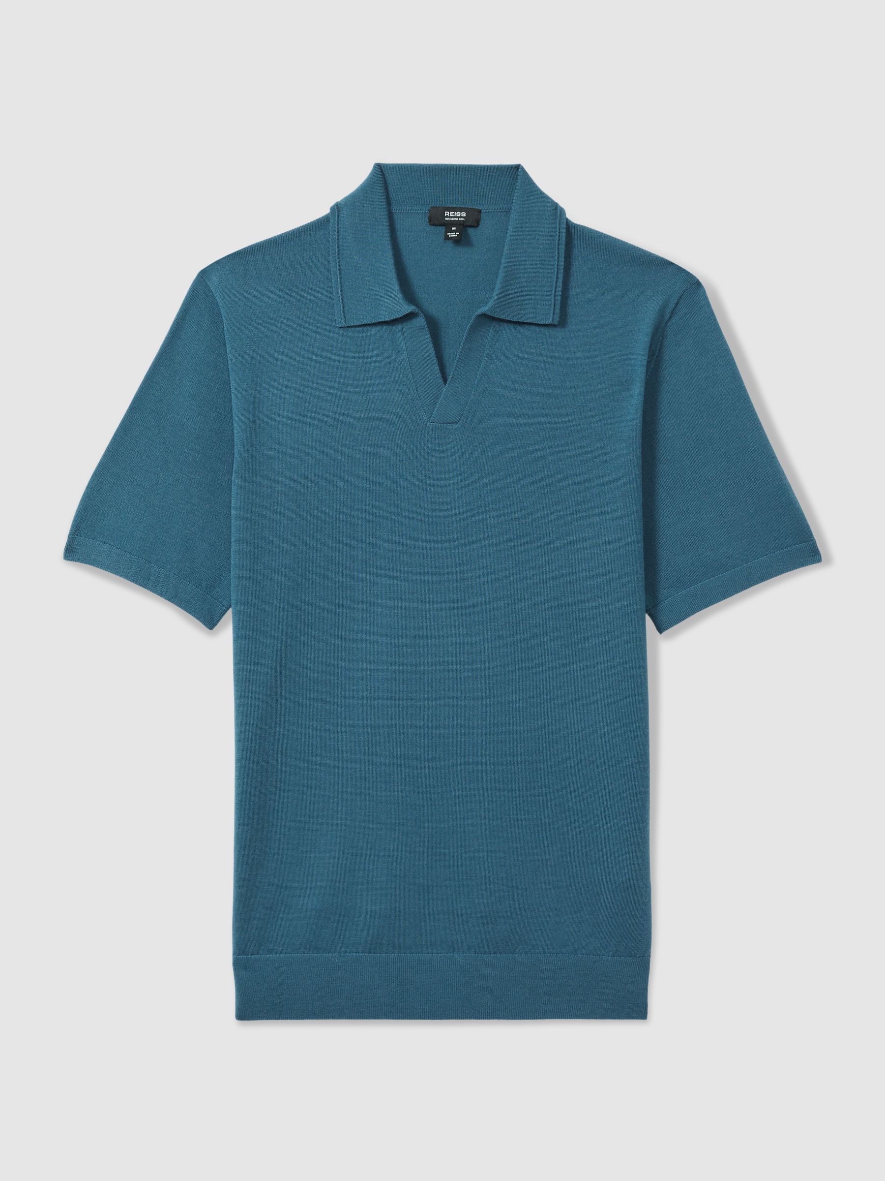 Merino Wool Open Collar Polo Shirt in Deep Teal Blue