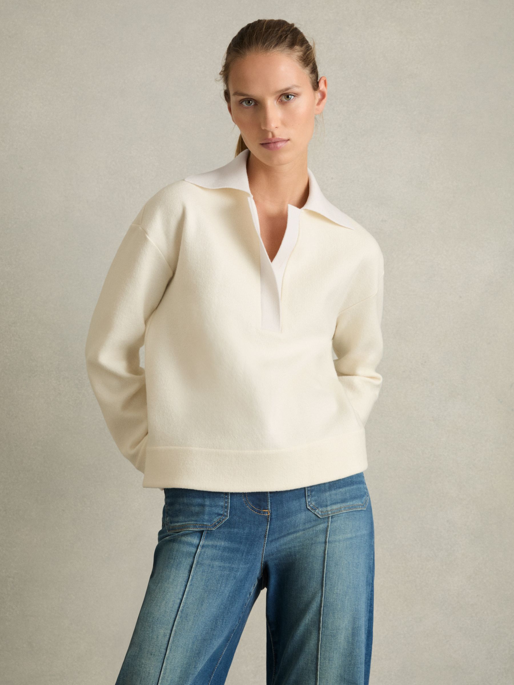 Wool-Cotton Blend Open-Placket Shirt in Cream