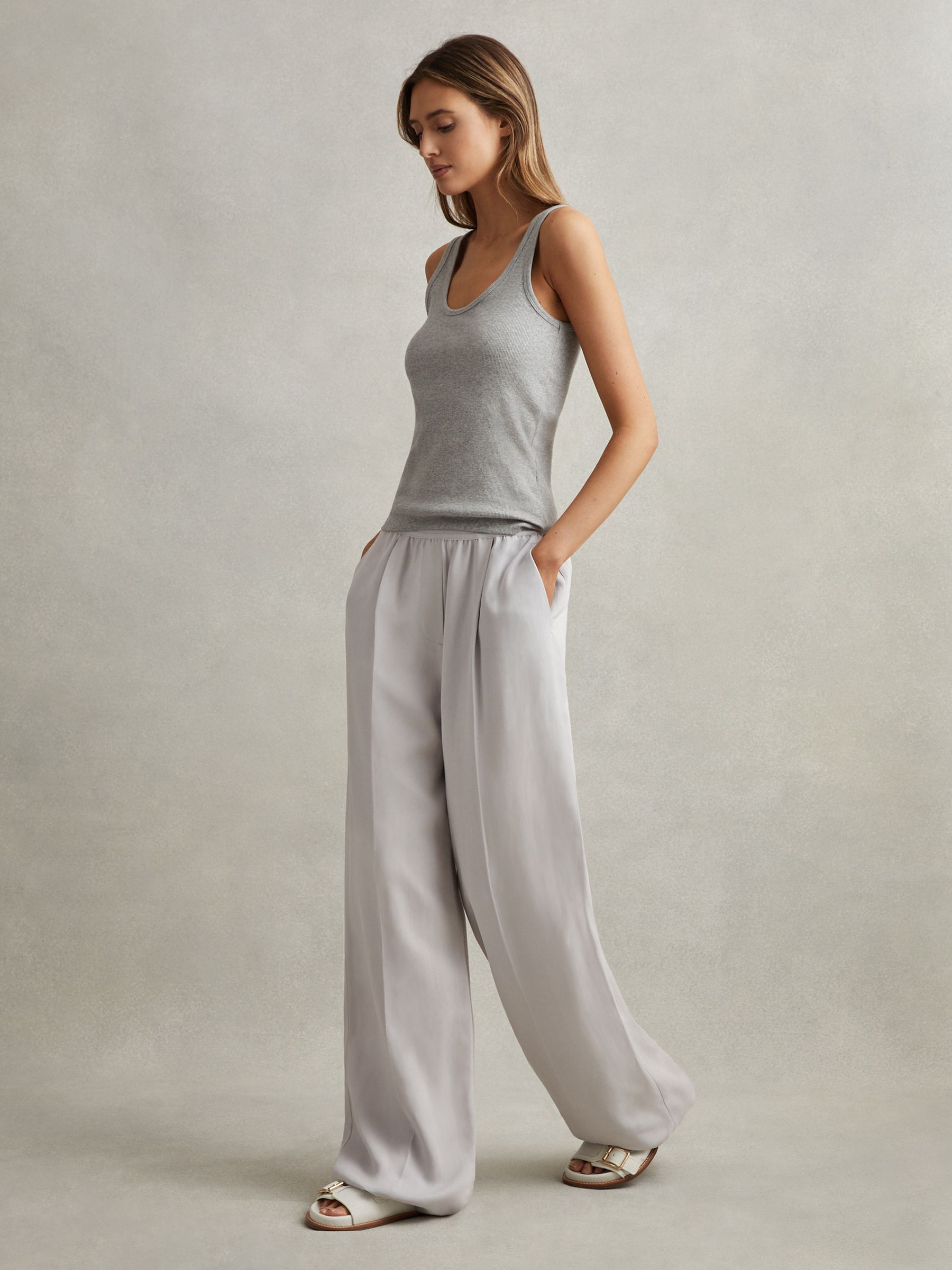 Lyocell-Linen Wide Leg Trousers in Light Blue