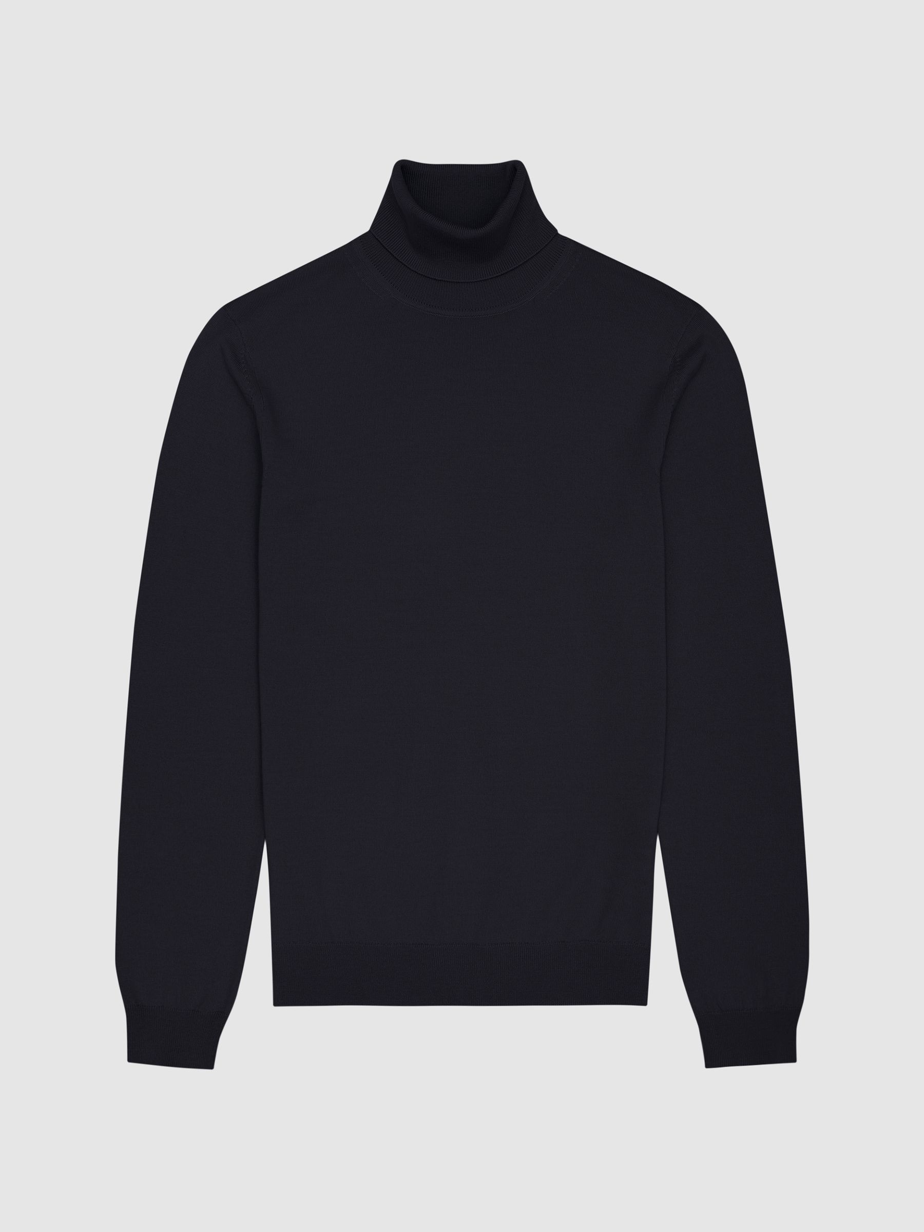 Slim Fit Merino Wool Roll Neck Jumper in Navy