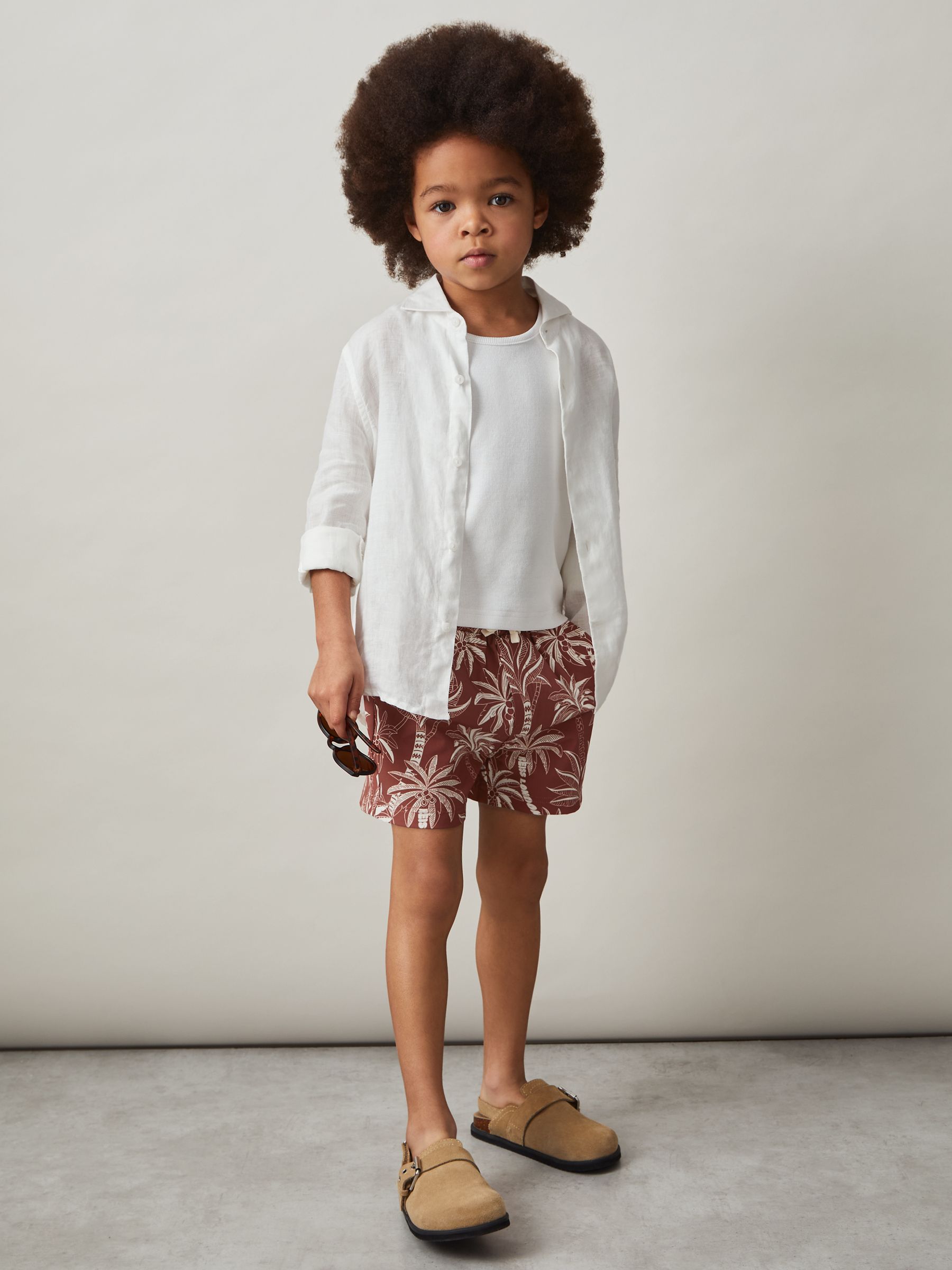 9-13 yrs Palm-Print Swim Shorts in Rust/Off White
