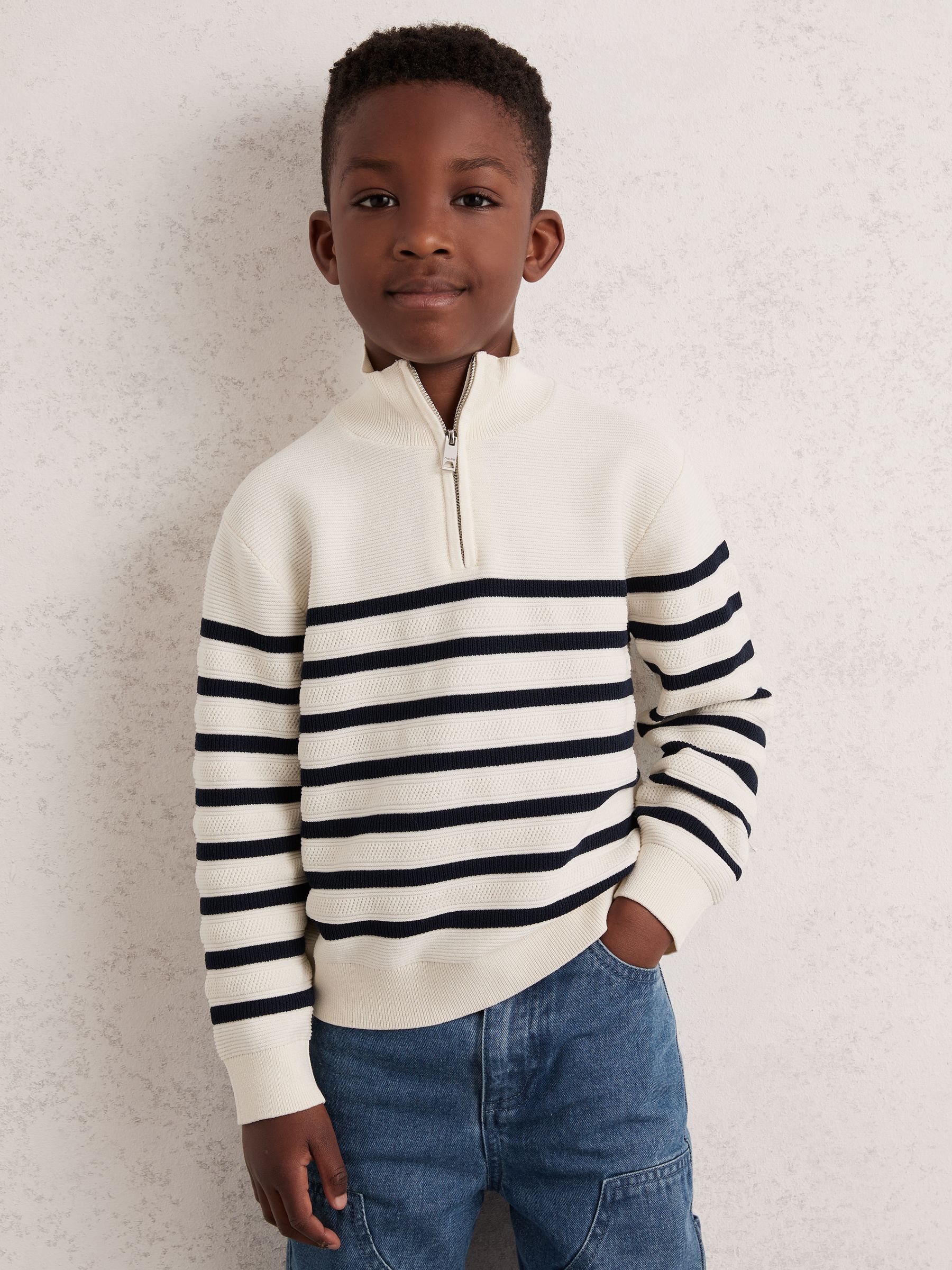 3-9 yrs Cotton-Blend Stripe Half-Zip Jumper in White
