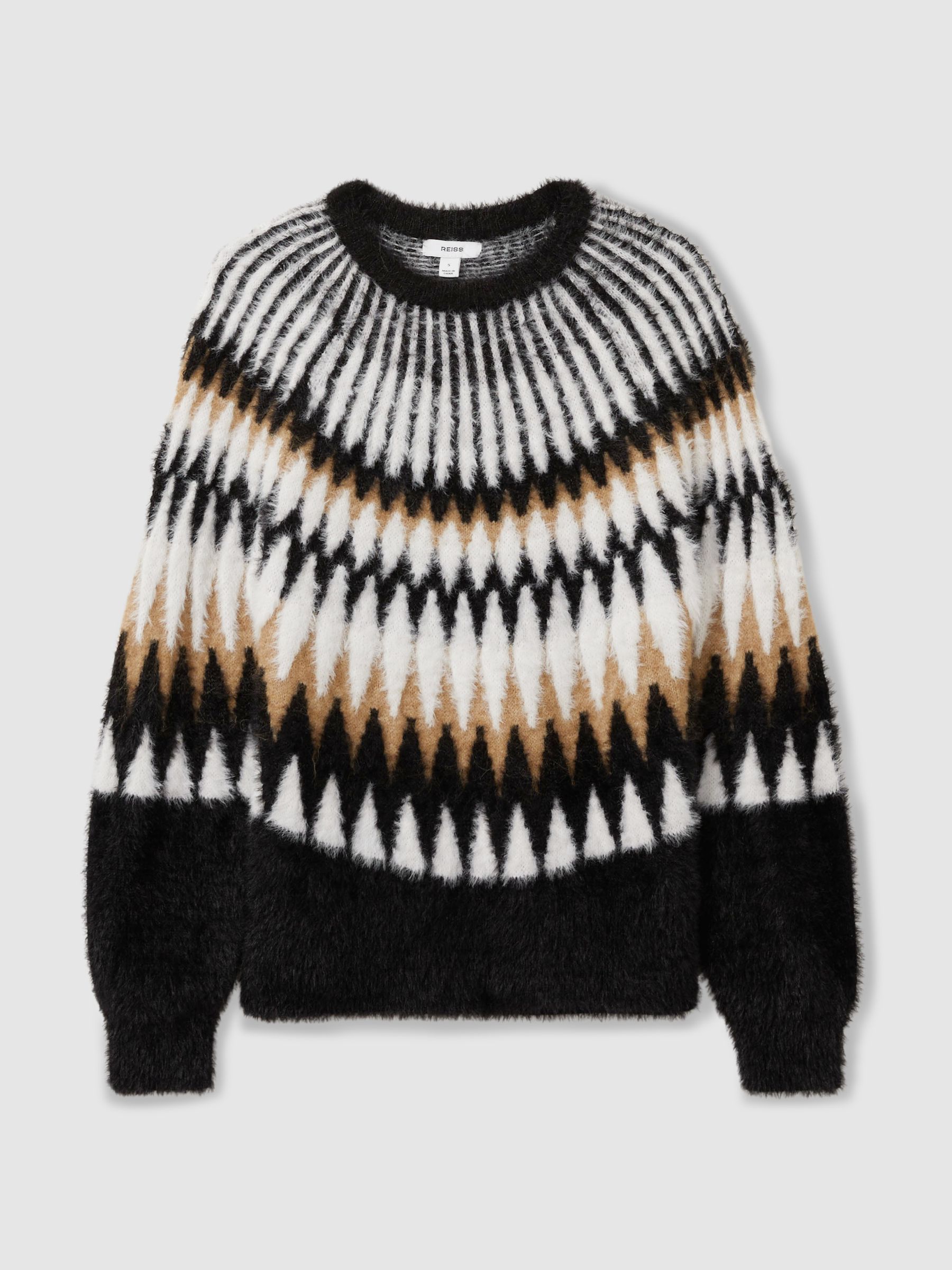 Fuzzy Fairisle Pattern Crew Neck Jumper in Black/Camel