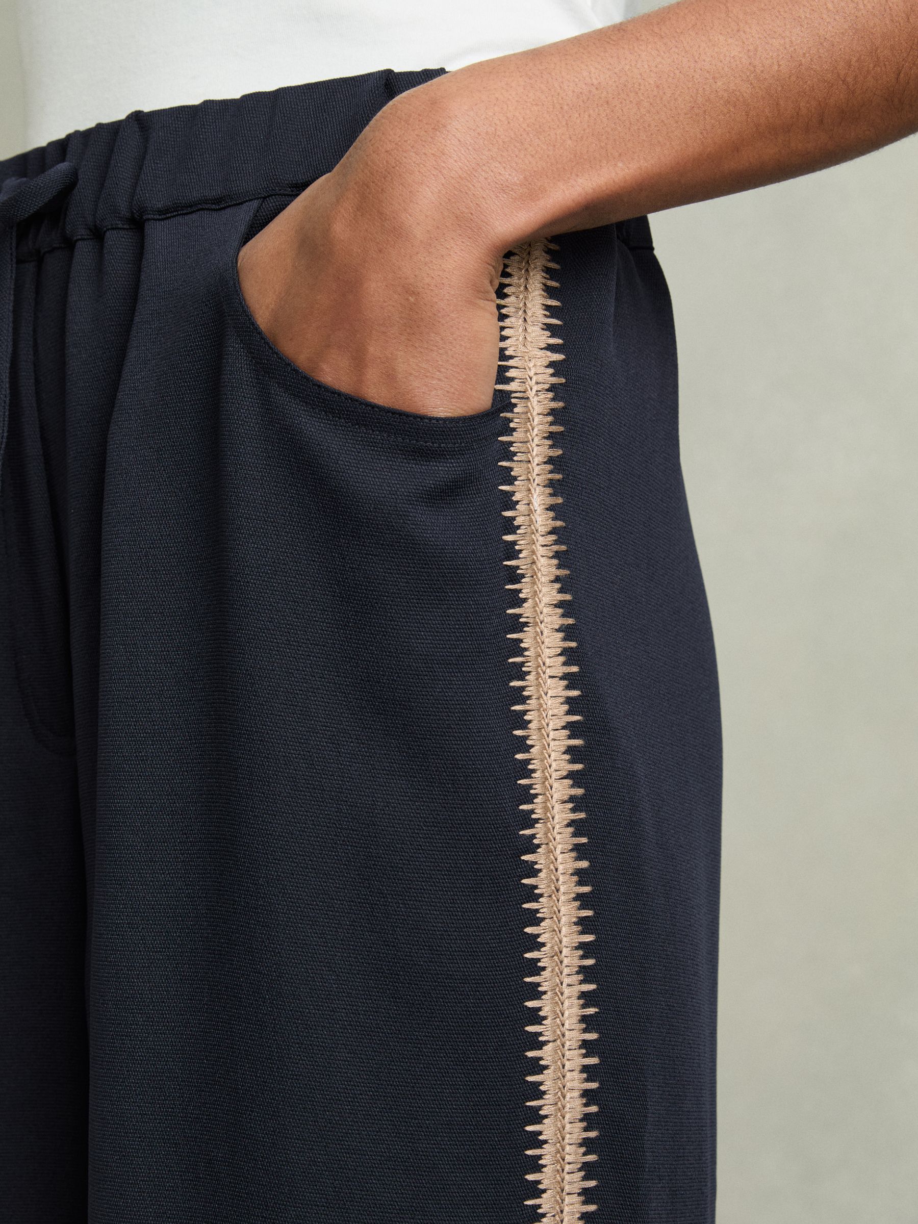 Petite Wide-Leg Embroidered Trousers in Navy