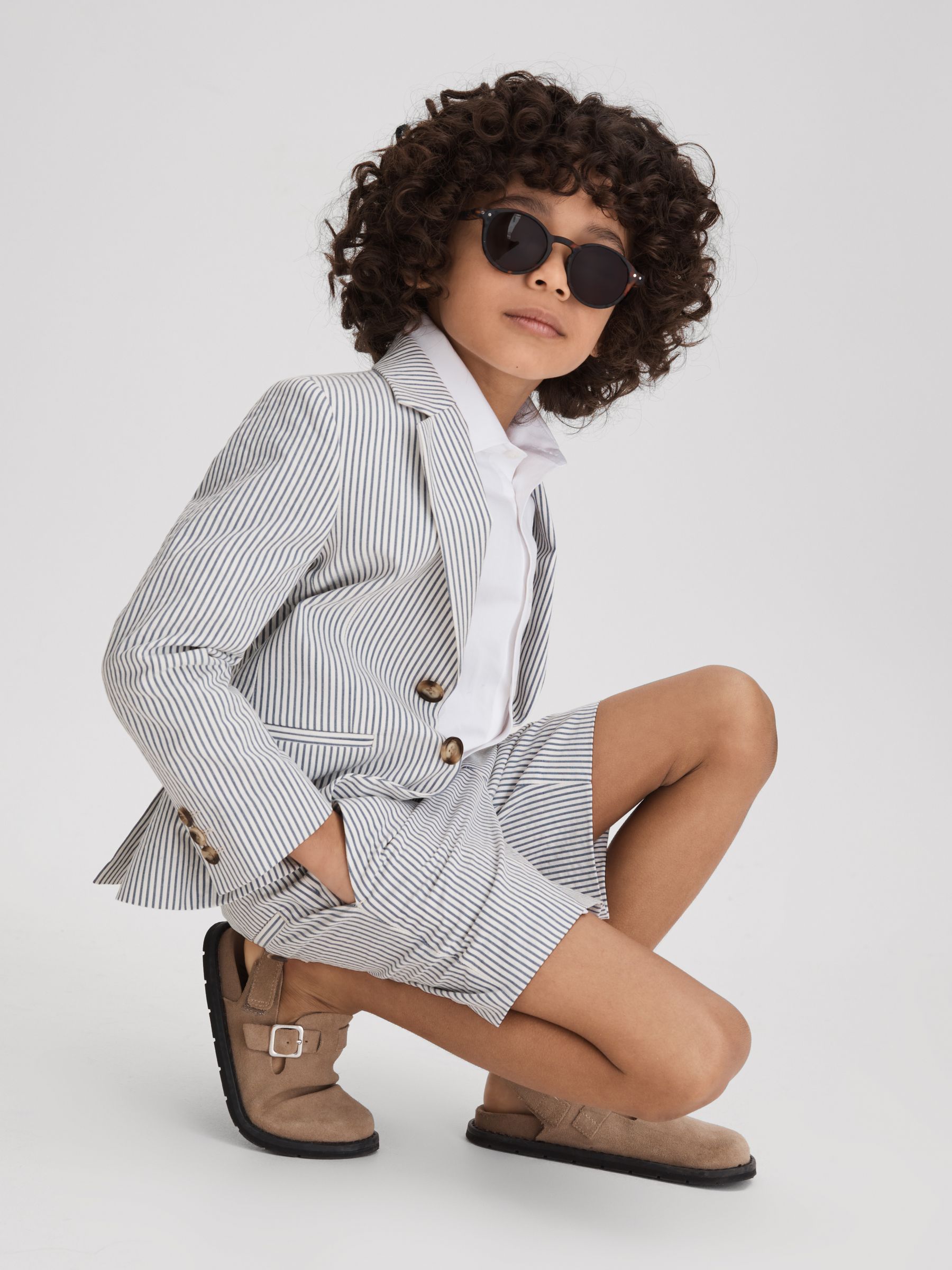 9-13 yrs Single Breasted Seersucker Blazer in Soft Blue