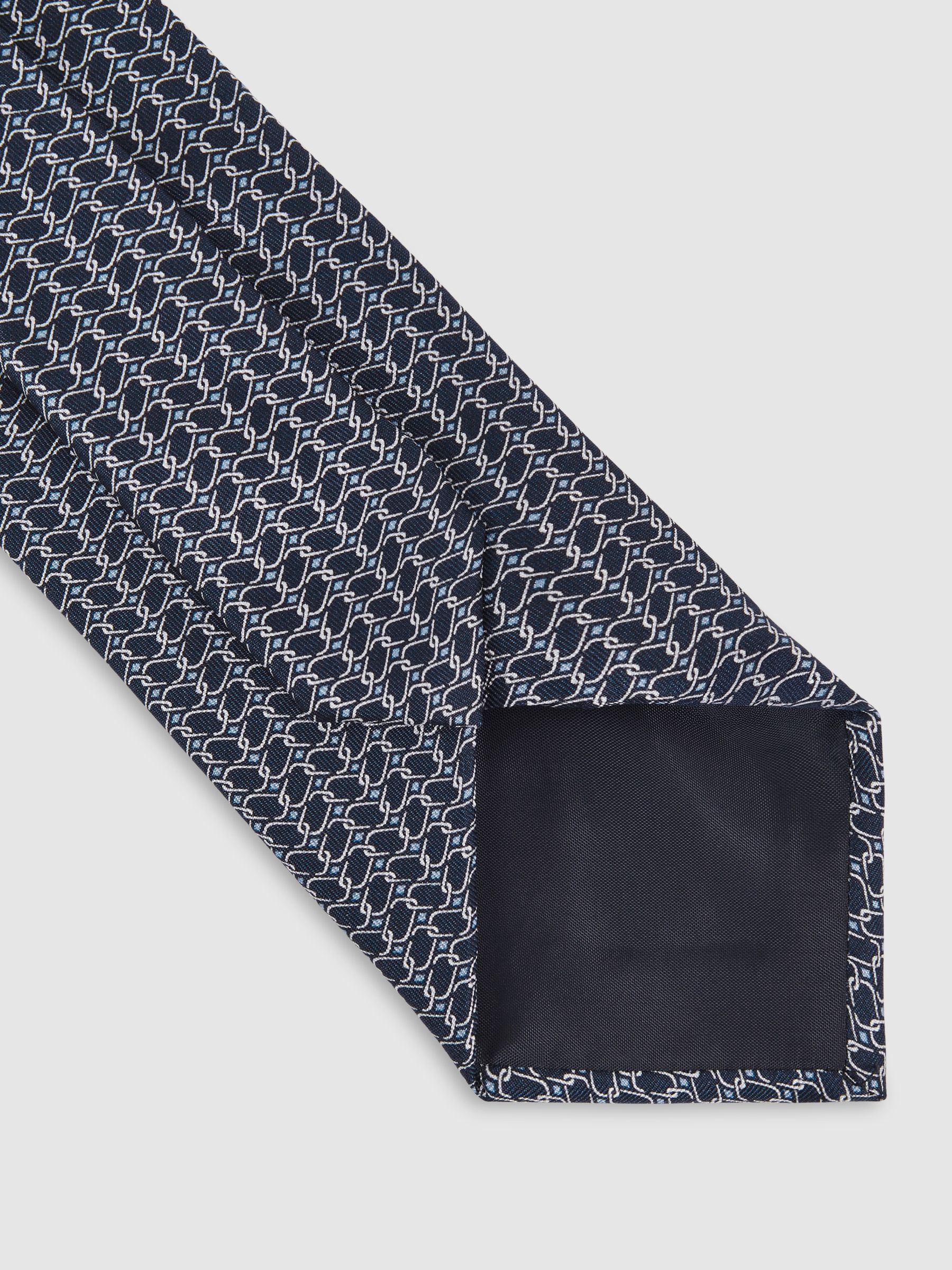 Silk Geometric-Chain Print Tie in Navy