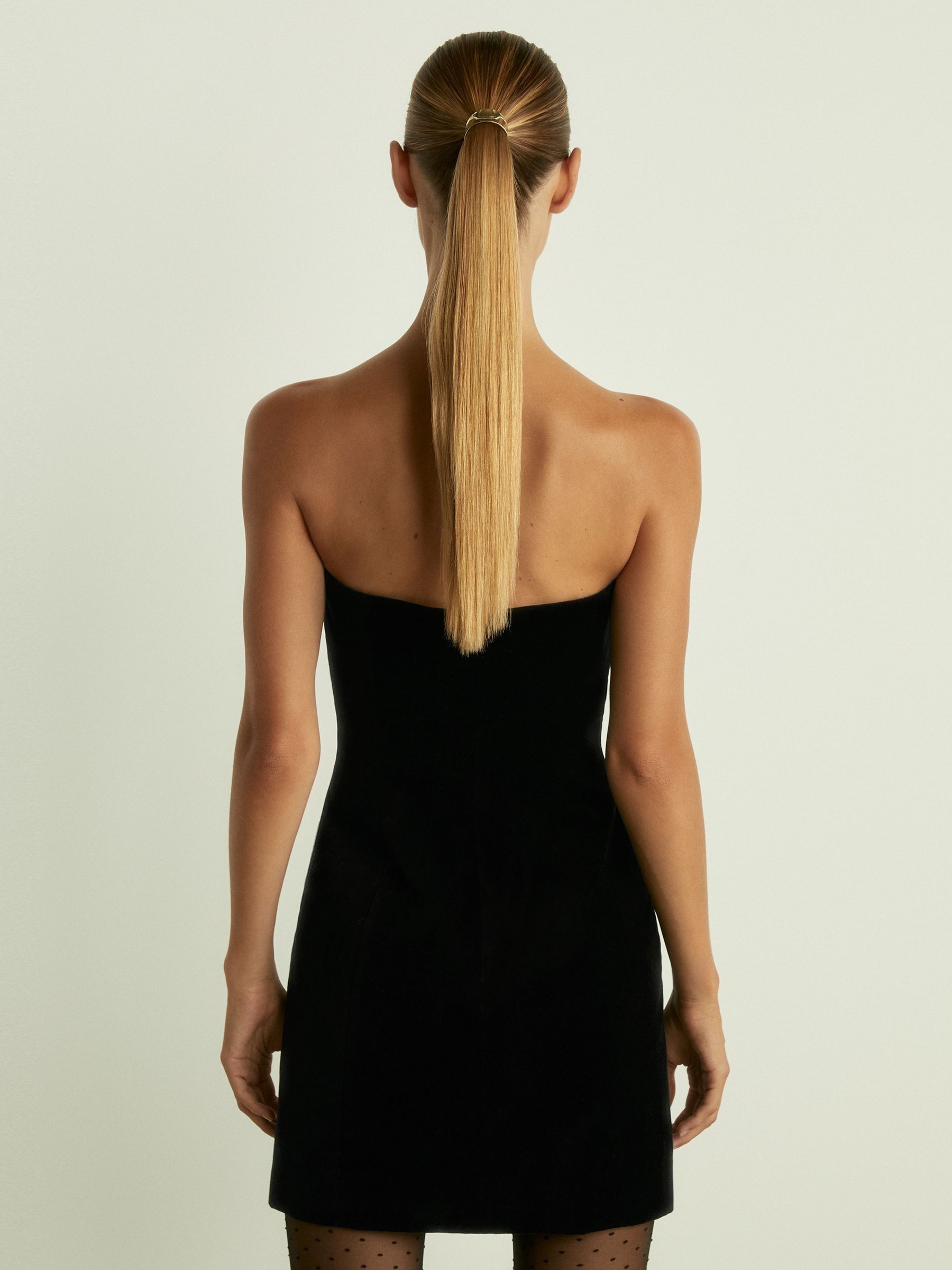 Bandeau-Neck Velvet Mini Dress in Black