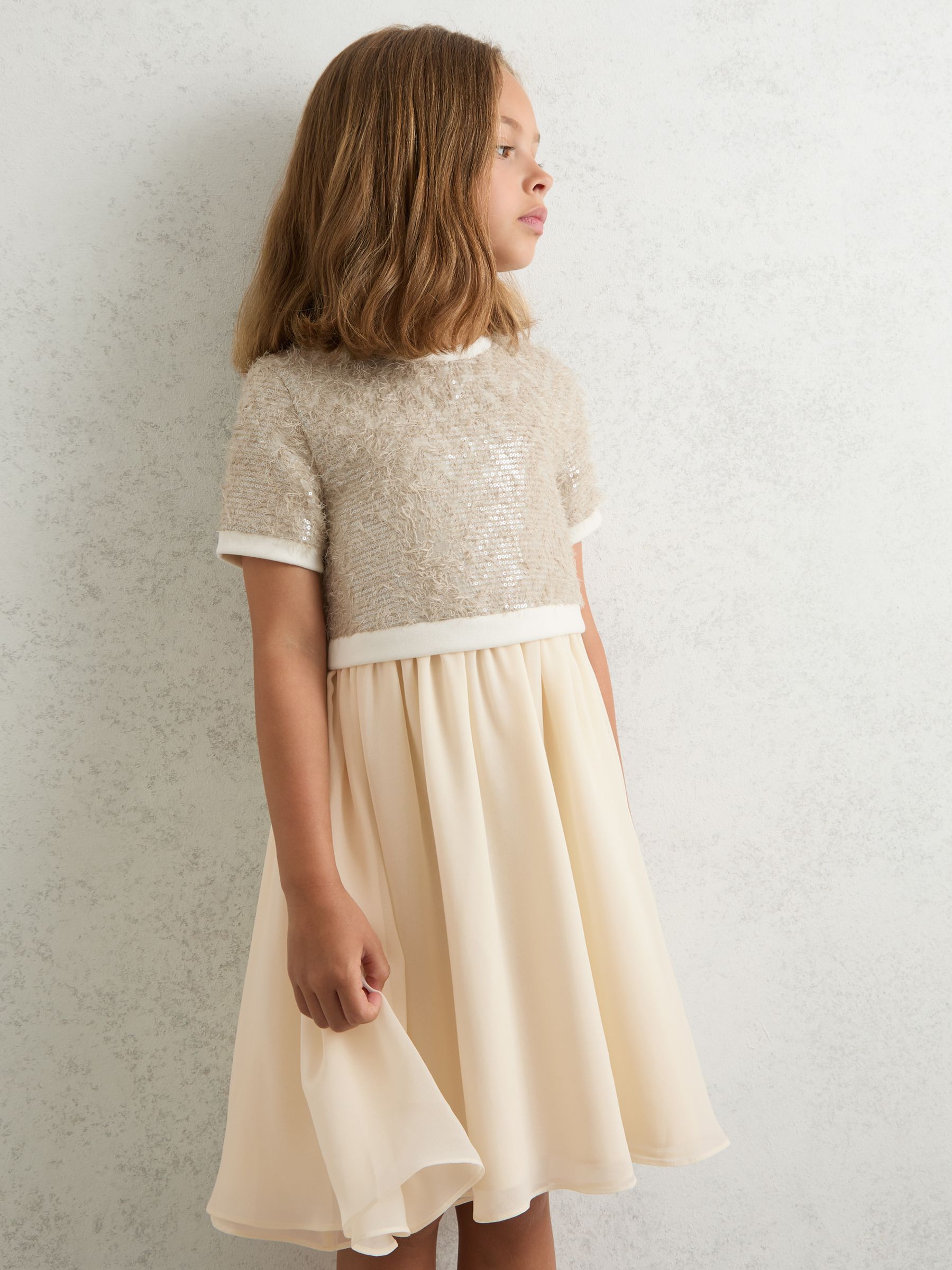 9-13 yrs Sequin-Top Chiffon-Skirt Dress in Champagne