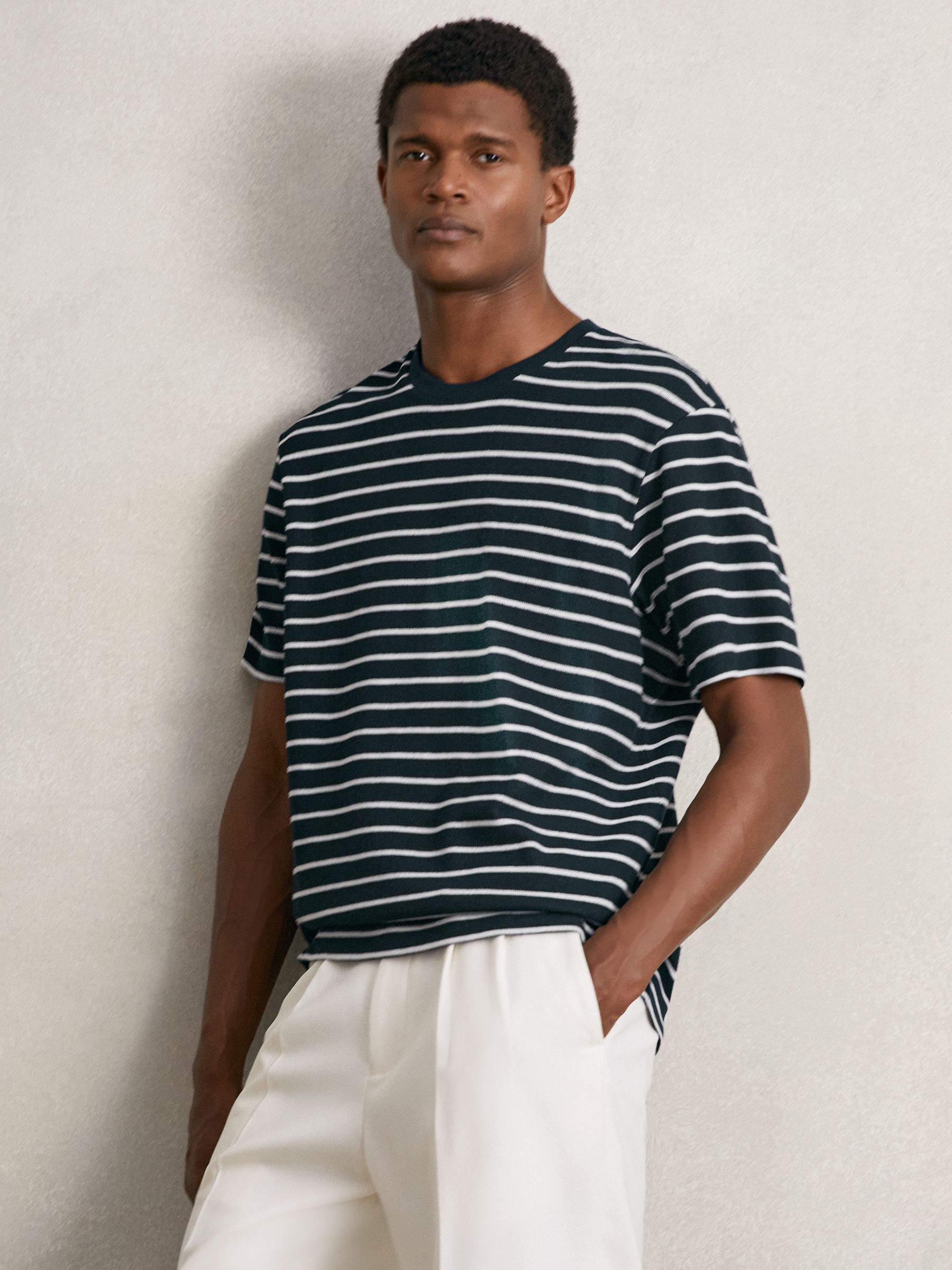 Cotton Textured Stripe T-Shirt in White/Navy