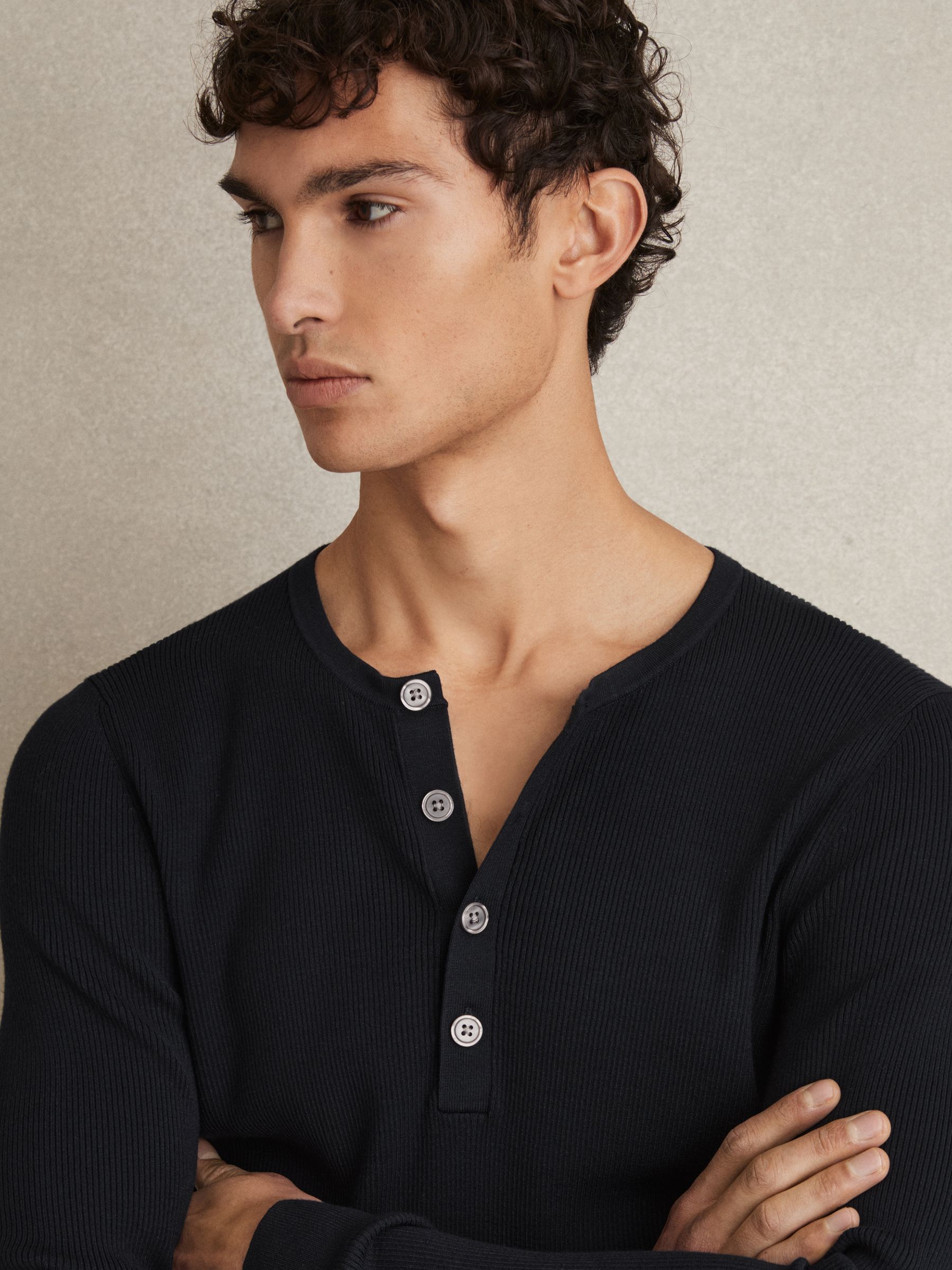 Rib Knit Henley Jumper in Navy