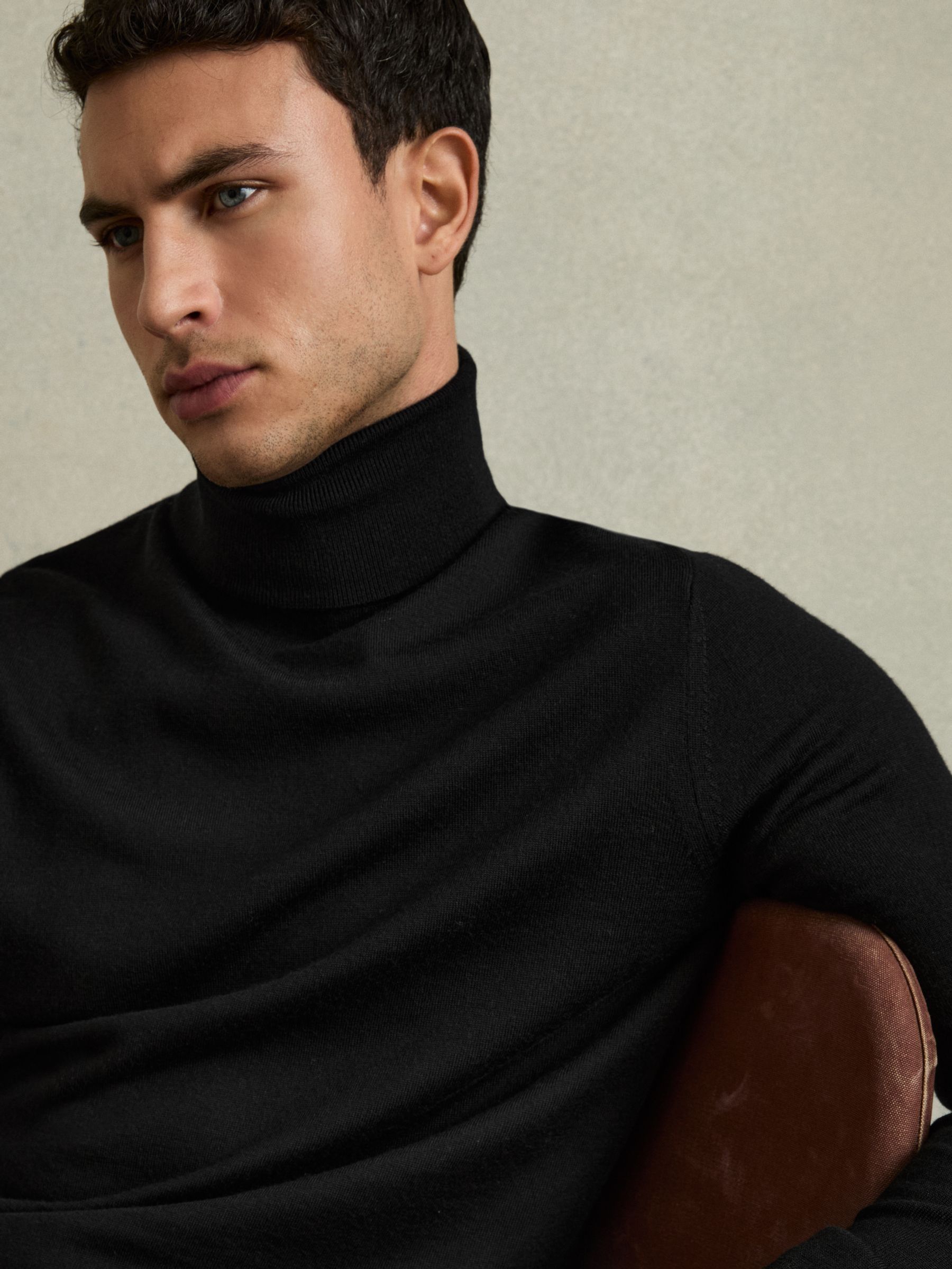 Slim Fit Merino Wool Roll Neck Jumper in Black