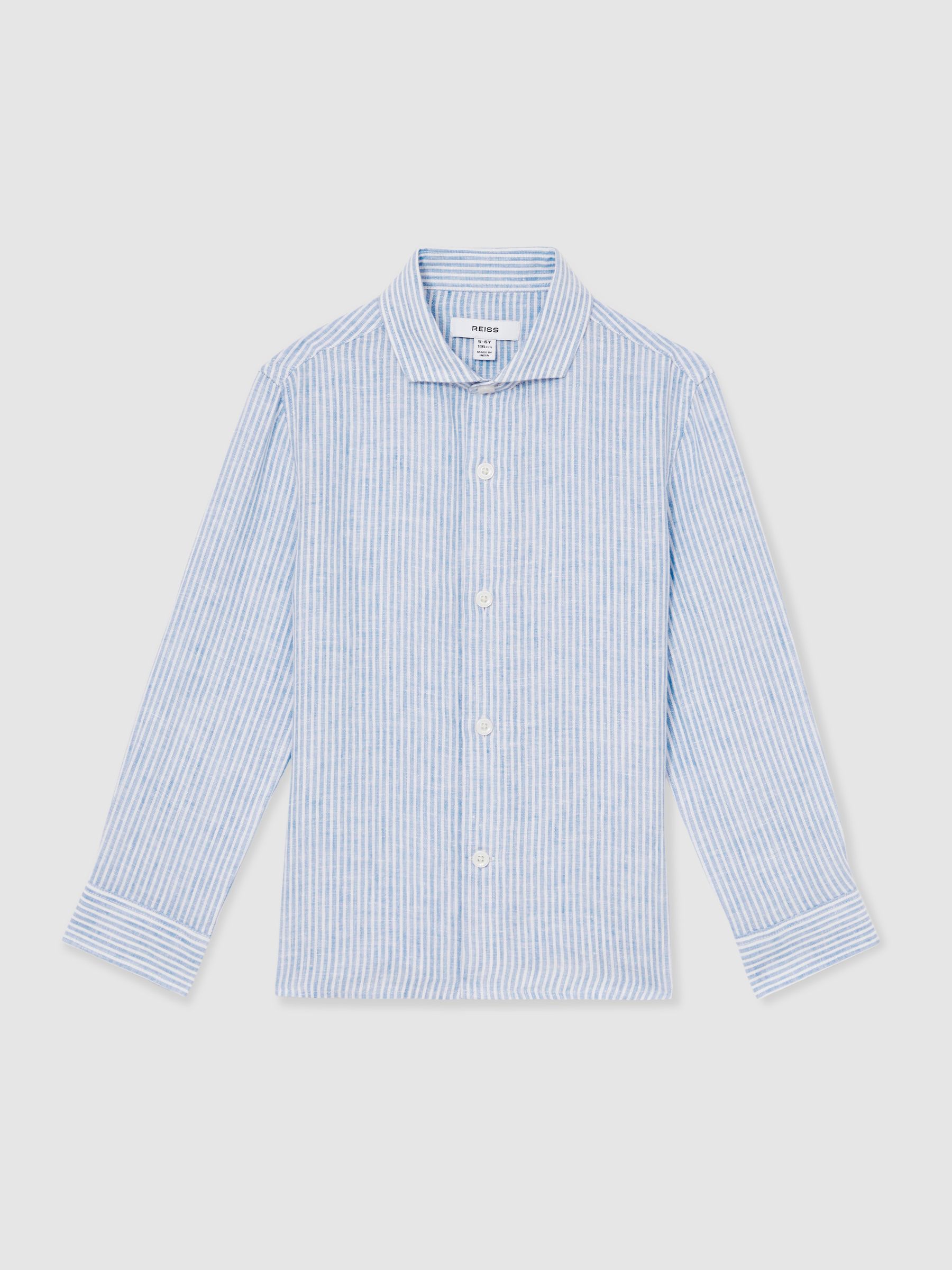9-13 yrs Linen Cutaway Collar Shirt in Blue/White Stripe