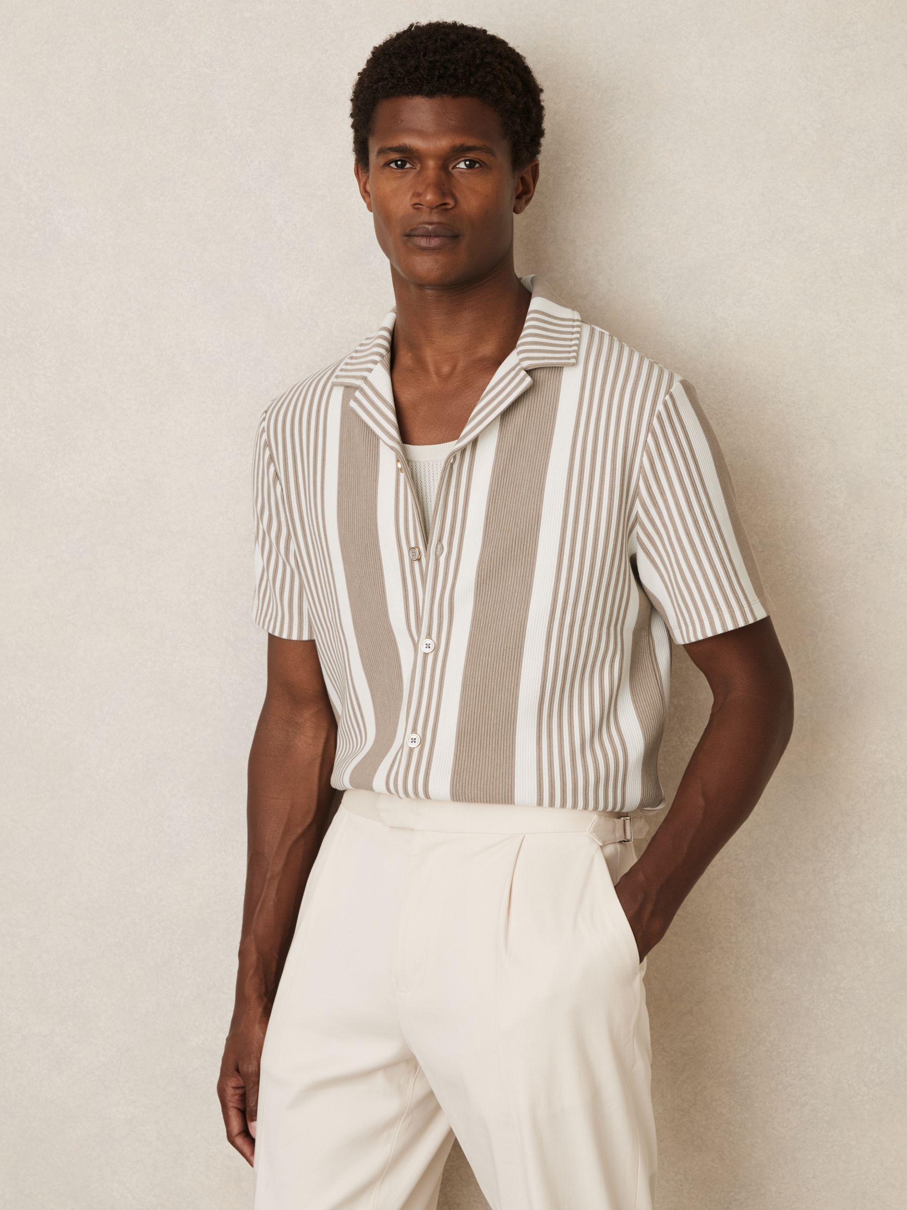 Stripe Ribbed Cuban Collar Shirt in Oatmeal/White